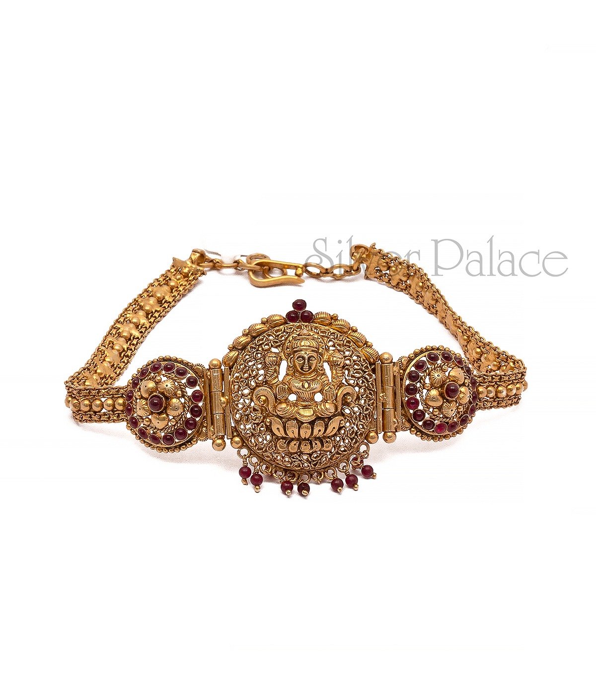 GOLD POLISHED LAKSHMI DESIGN WITH RED KUNDAN CHAIN STYLE ARMCHAIN