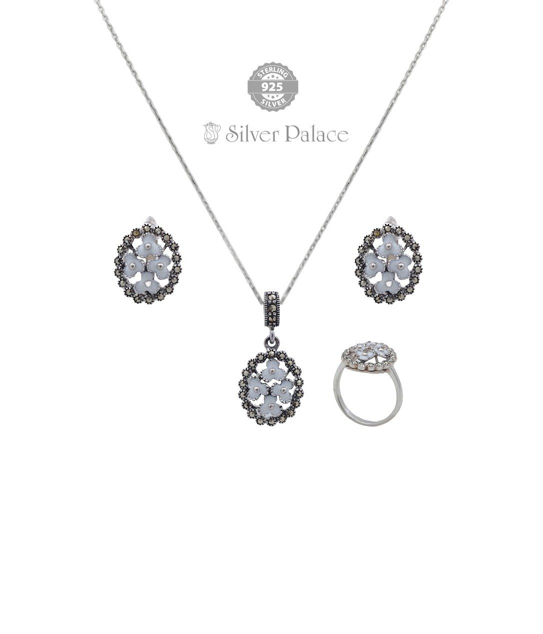 92.5 Sterling Silver Prite' Collections With White Flower design Marcasite Pendant Set For Girls