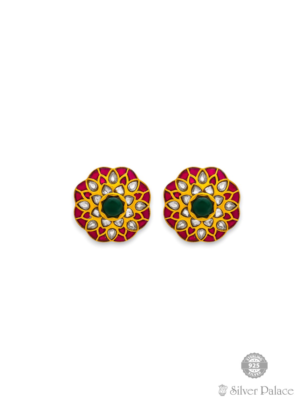 925 SILVER GOLD POLISHED FLORAL DESIGN CUT STONE EARRING FOR WOMEN ANITE COLLECTION 