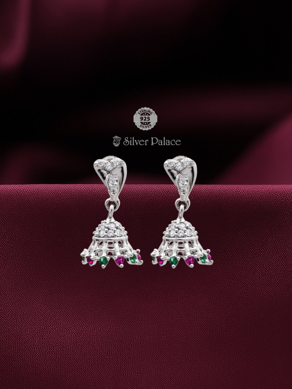 925 STERLING SILVER GREEN AND PINK STONE JHUMKI FOR GIRLS ARJITA COLLECTION