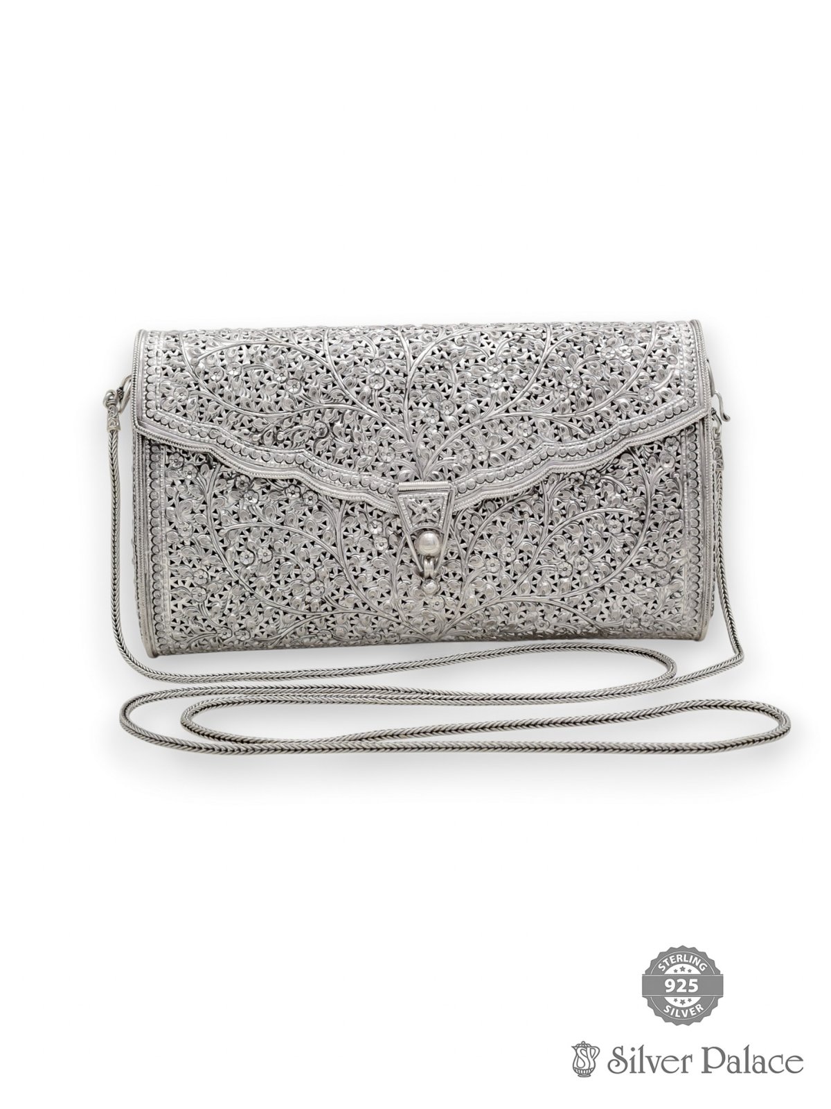 925 PURE SILVER FLORAL ENGRAVING DESIGN PARTY PURSE FOR LADIES 