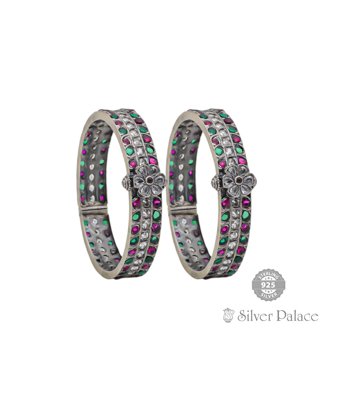 925 OXIDISED SILVER FLORAL DESIGN WITH CZ , PINK & GREEN STONE STUDDED  BANGLE FOR WOMEN
