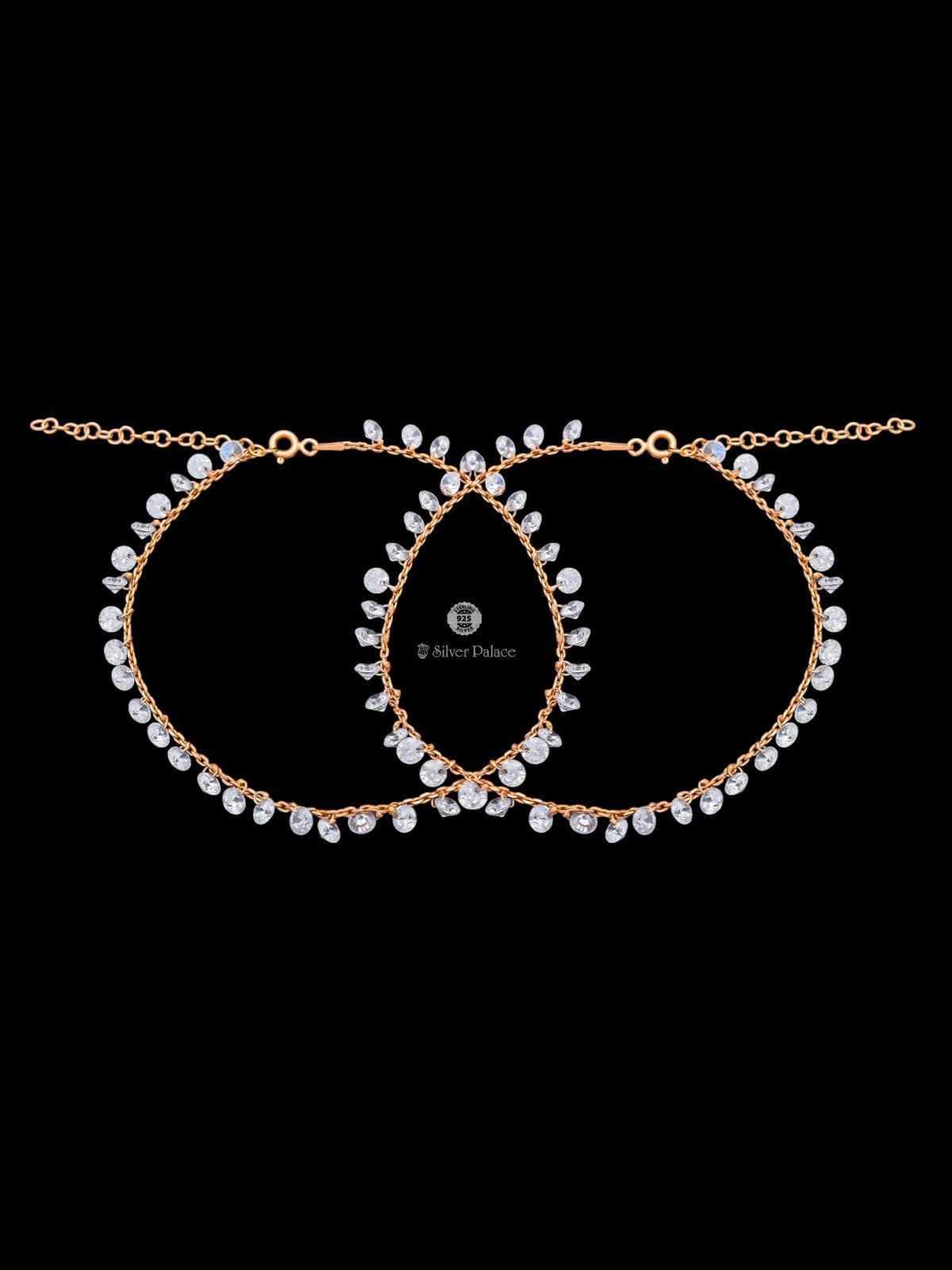 925 SILVER ROSE GOLD WHITE STONE HANGING ANKLETS FOR GIRLS SHEYA COLLECTION 