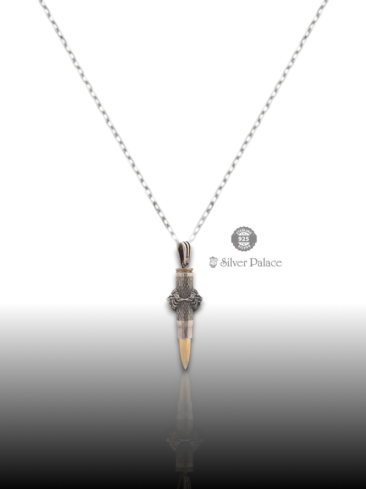 925 OXIDISED SILVER MAAN COLLECTION DOUBLE LION FACE BULLET TURK PENDANT FOR MEN