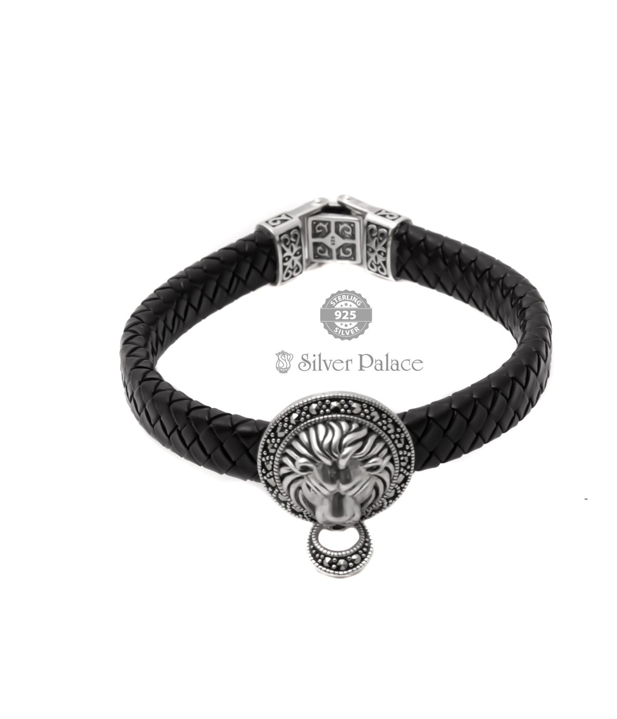 92.5 SILVER LION HEAD WITH RING CLASP BRAIDED LEATHER BRACELET  FOR MEN 