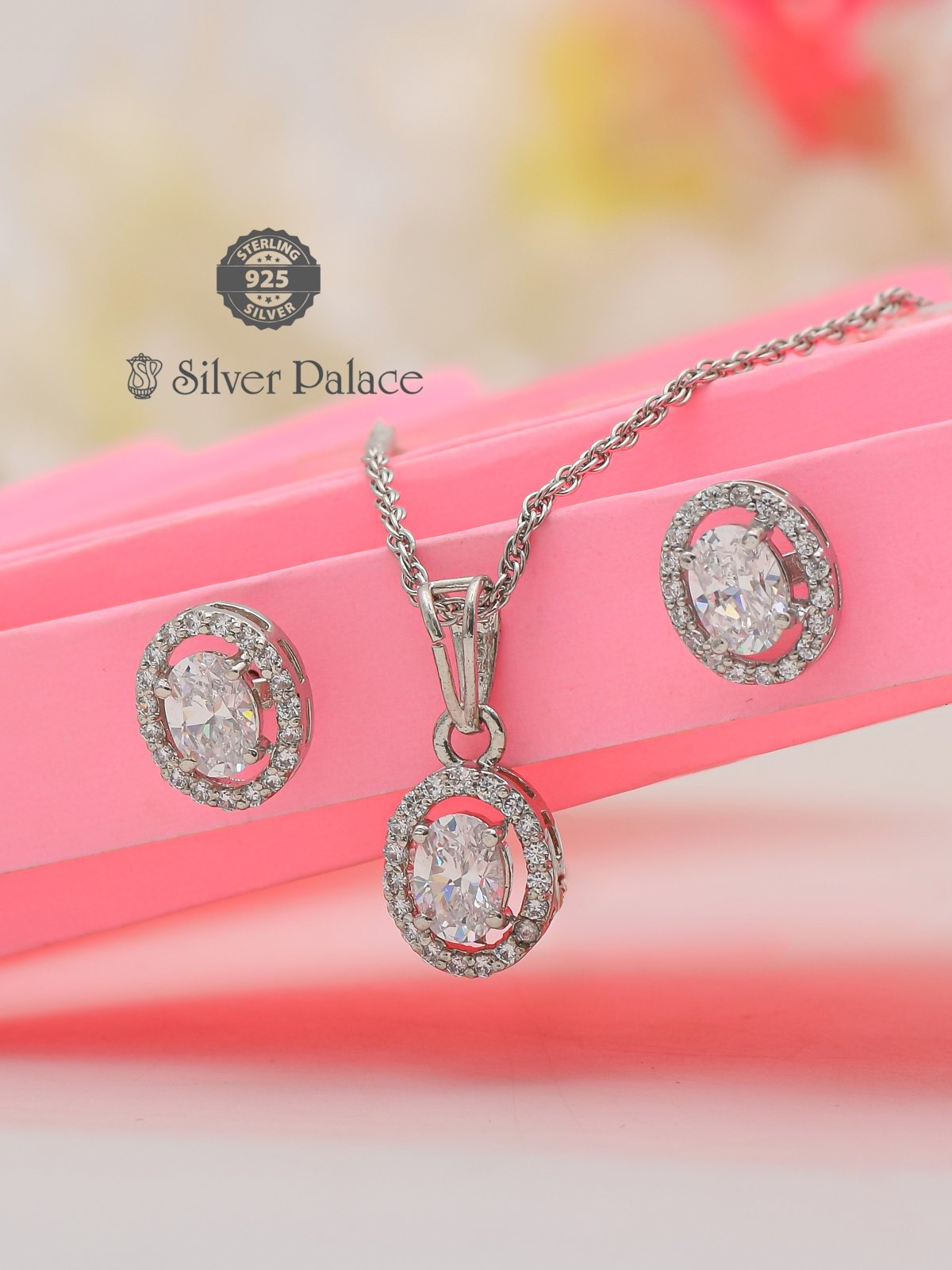  925 Sterling Silver Puya Collections round type white stone Pendants Set For Girls