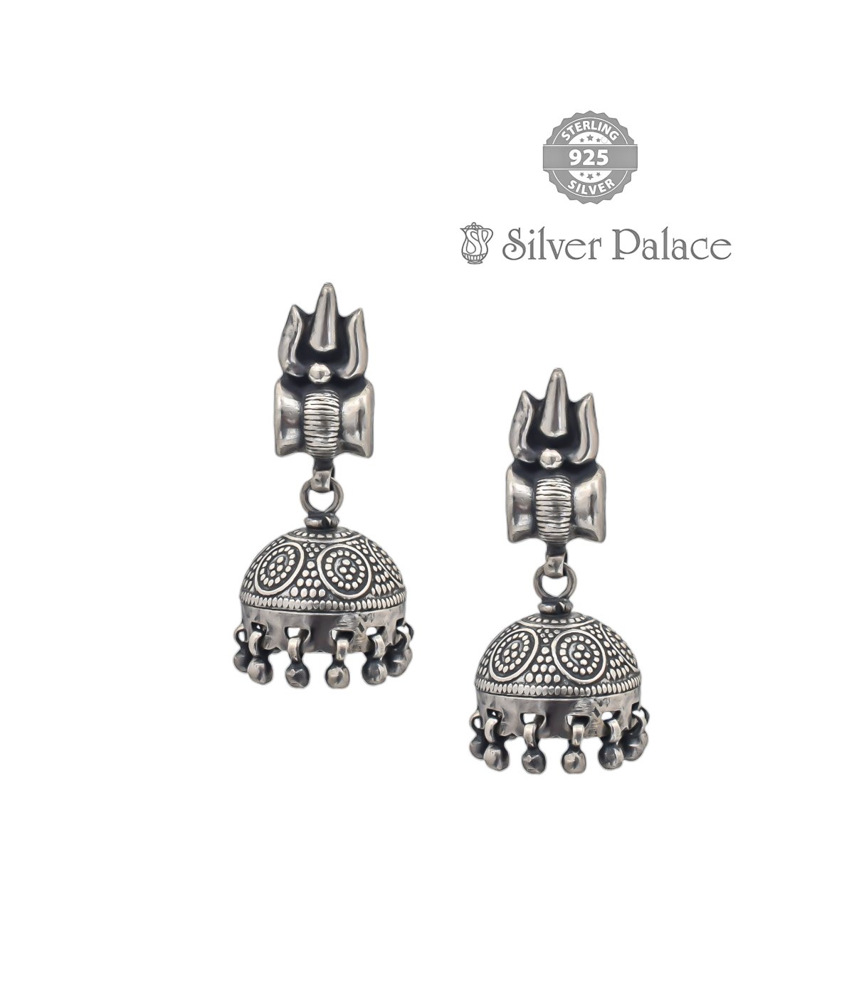 92.5 STERLING SILVER TRISHOOL UDUKAI PLAIN SELF DESIGN JHUMKAS BHAVA COLLECTION