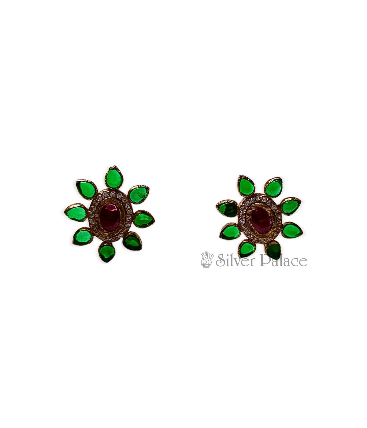 GOLD POLISHED GREEN STONE FLORAL EARRINGS