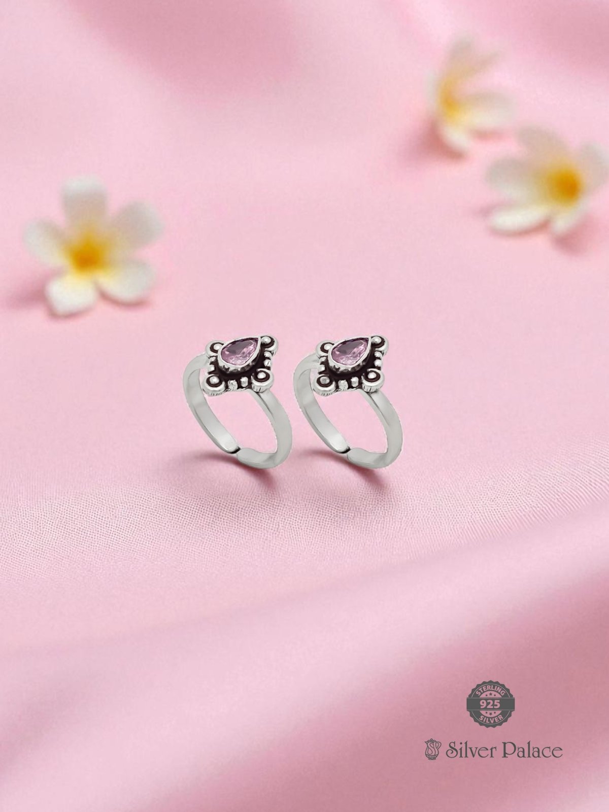 925 OXIDISED SILVER PINK STONE TOE RING FOR WOMEN NEETH COLLECTION 