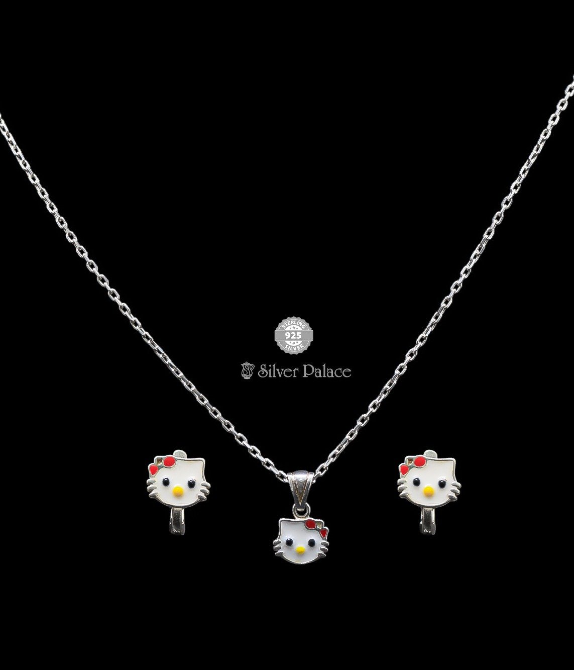 92.5 Silver Aara Collections Hello Kitty Crystal & Enamel Pendant With Earring For Girls