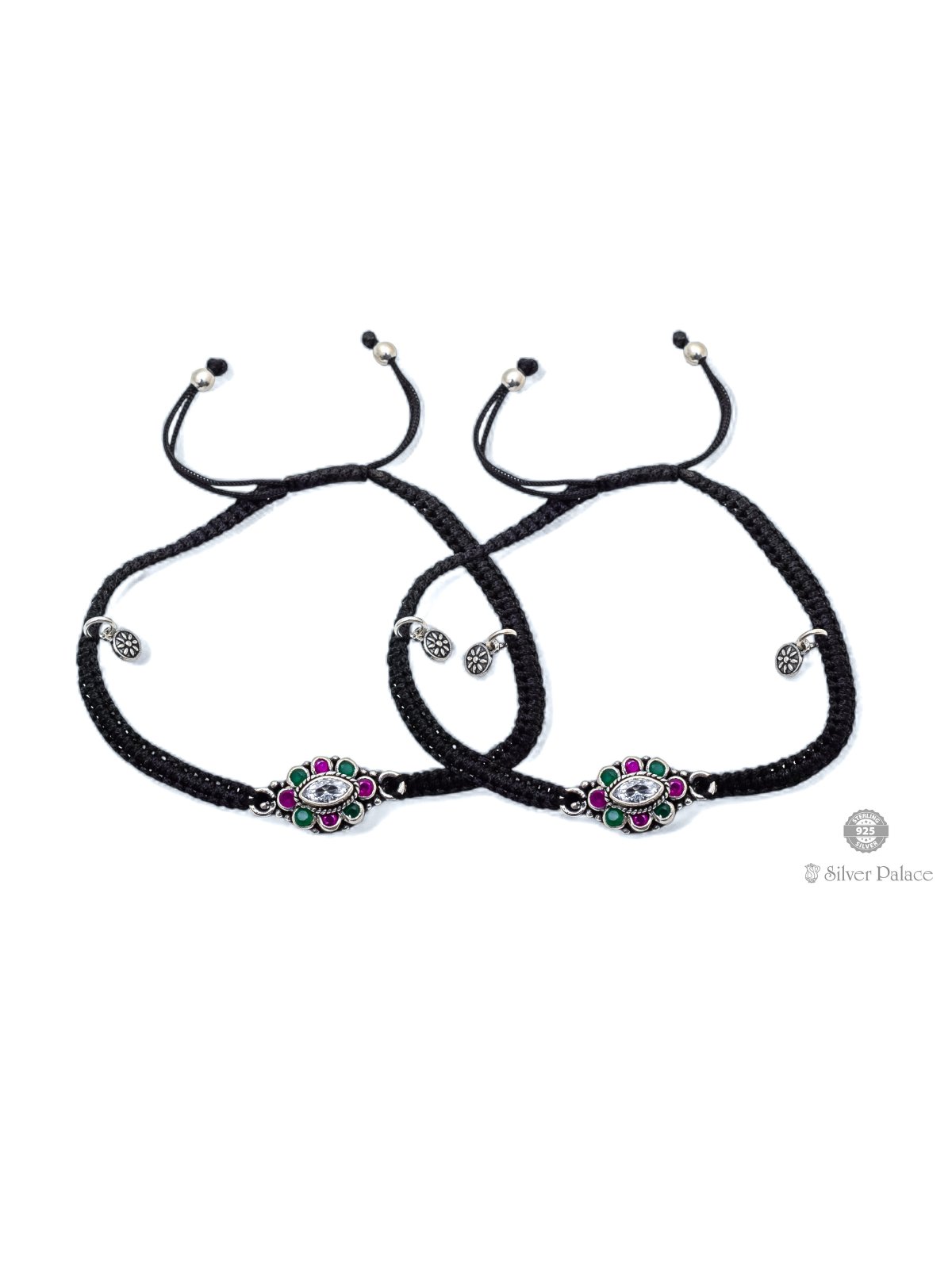 925 SILVER FLORAL STONE AND BLACK THREAD DESIGN ANKLETS FOR GIRLS 