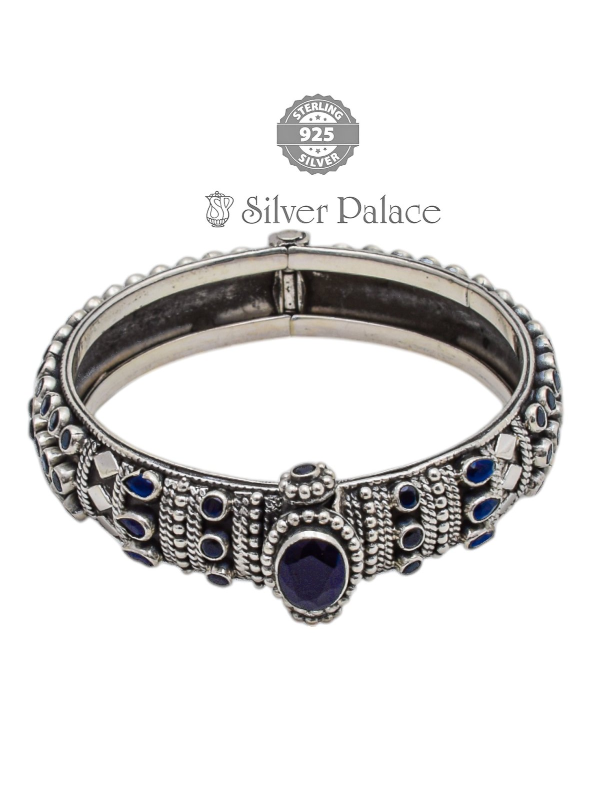 925 Oxidised Silver Blue Stone Antique Kada Mannj Collection