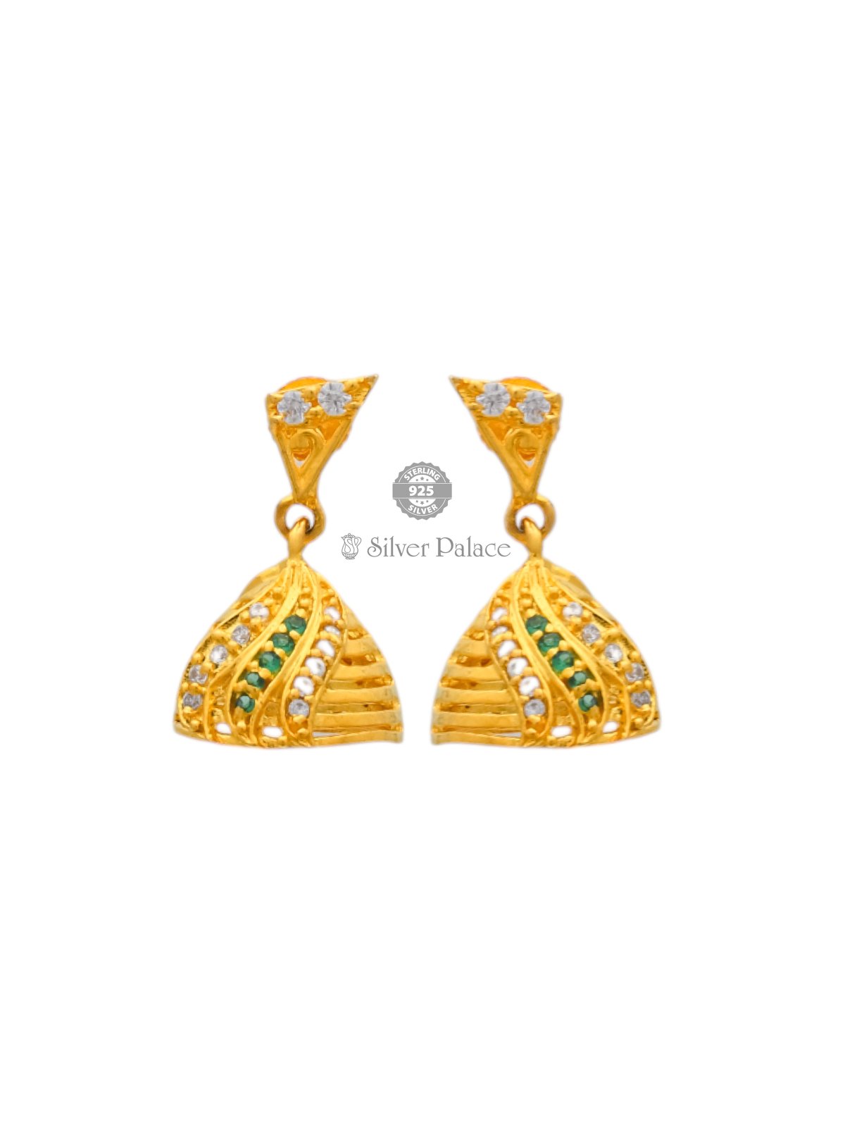 925 SILVER GOLD POLISH GREEN AND WHITE STONE JHUMKA FOR LADIES ANITE COLLECTION 