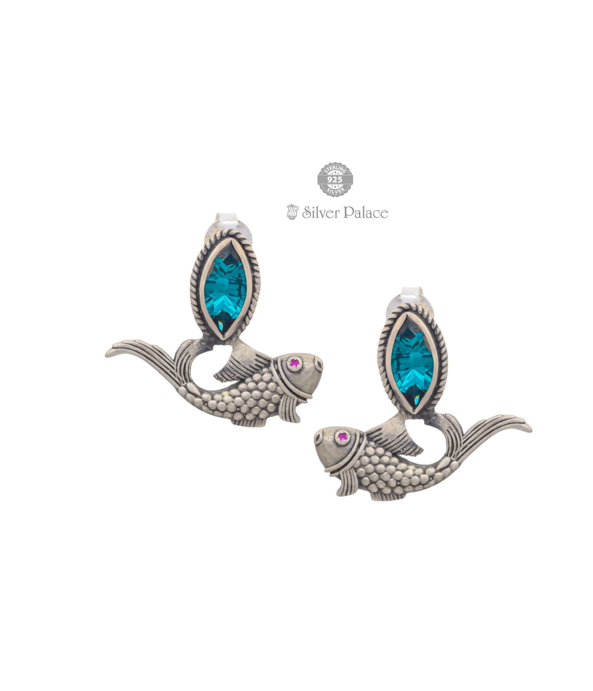 Ruch Collections 92.5 Silver blue stone fish contemporary earrings for women