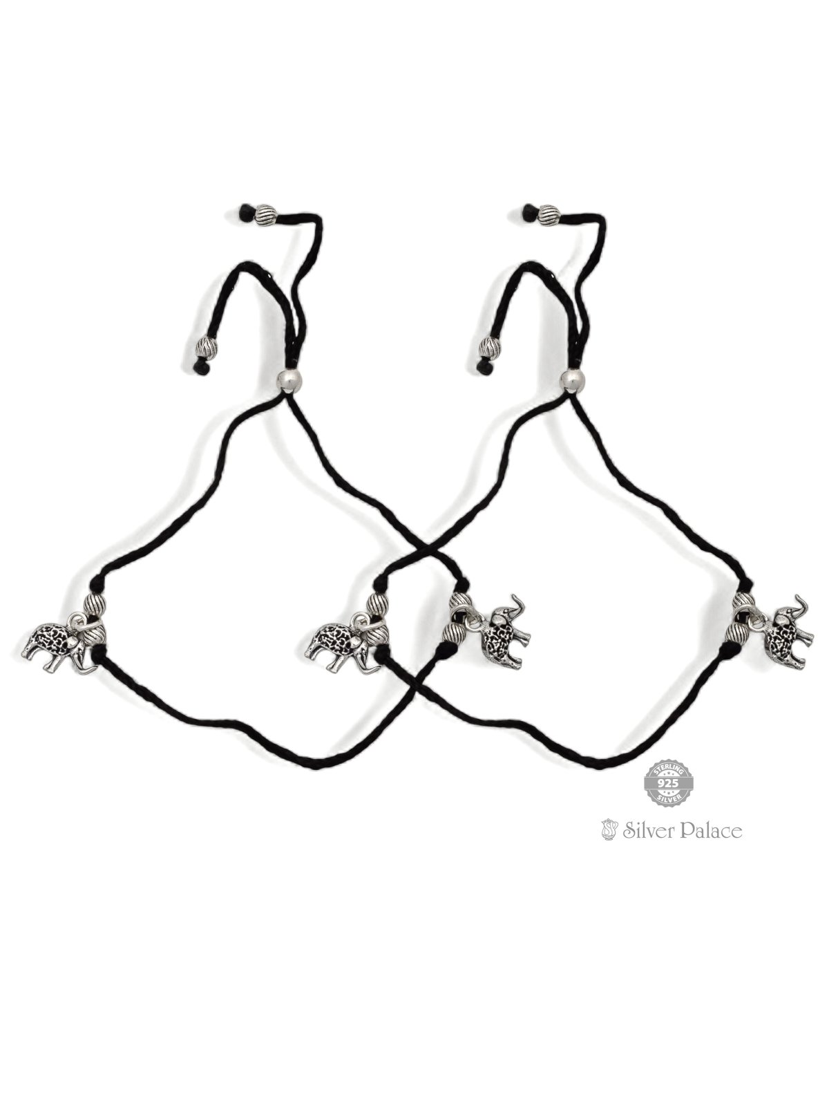 925 STERLING SILVER ELEPHANT MOTIF WITH BLACK THREAD ANKLETS FOR GIRLS 