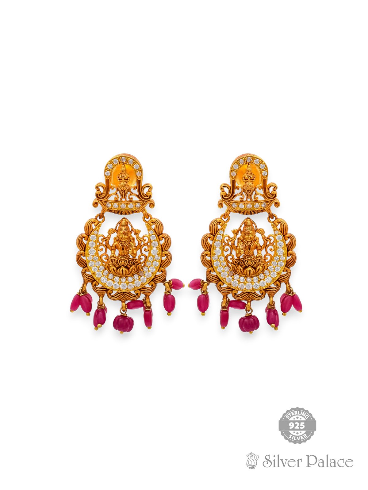 925 SILVER GOLD POLISHED LAKSHMI MOTIF WITH CZ STONE EARRING FOR LADIES ANITE COLLECTION 