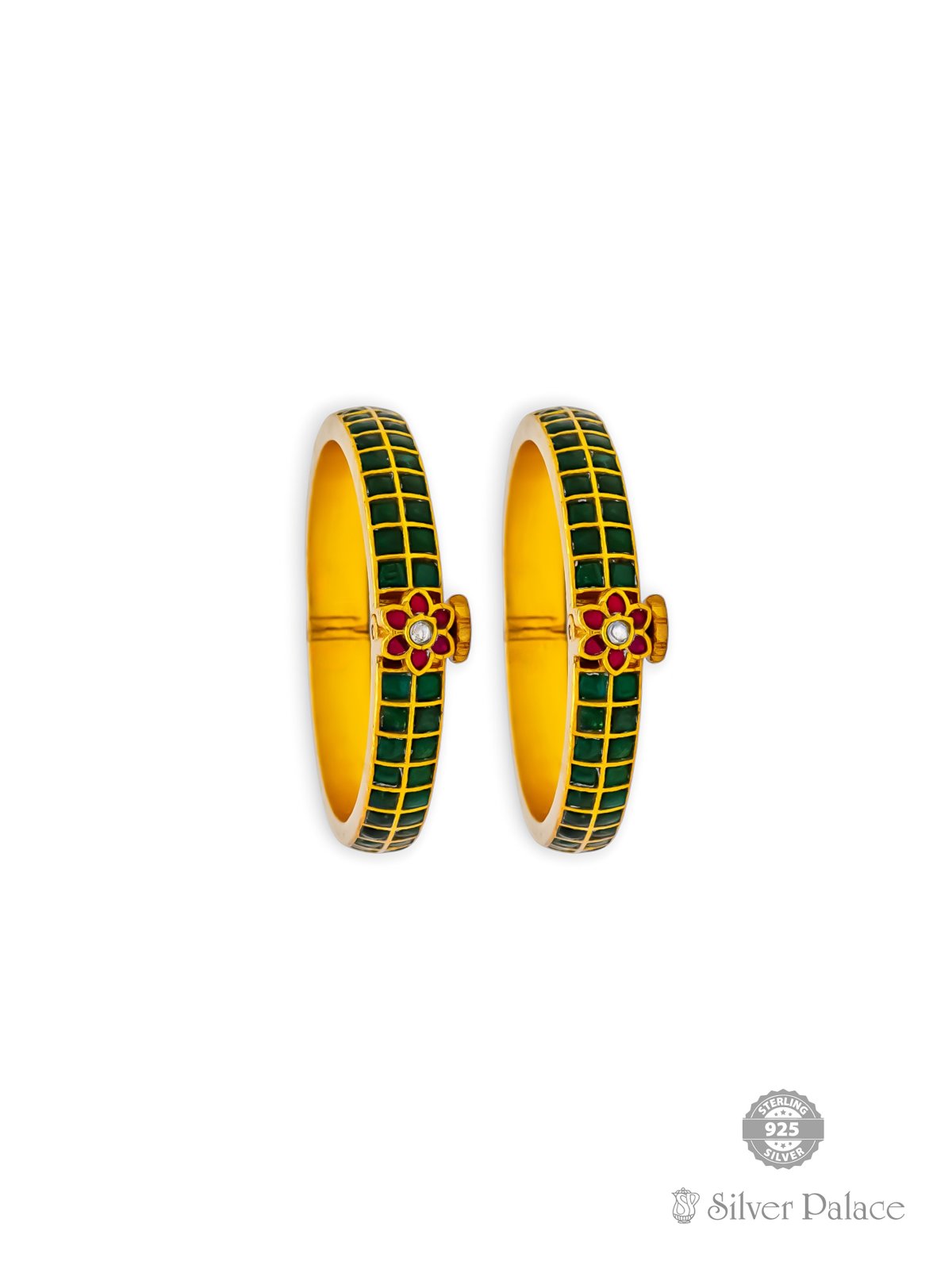 925 SILVER GOLD POLISHED GREEN STONE KIDS BANGLE ARJITA COLLECTION 