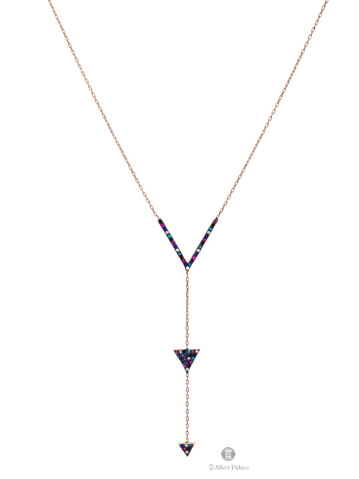 92.5 STERLING ROSE GOLD POLISHED V SHAPE PENDANT CHAIN WITH COLOR FULL STONES SHEYA COLLECTION 