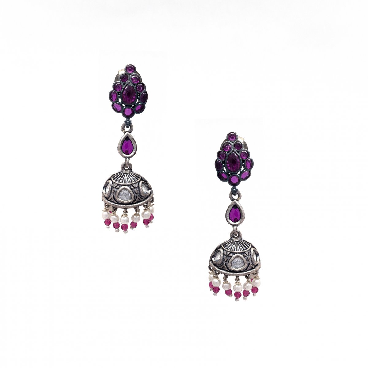 92.5 OXIDISED SILVER FANCY RED STONE JHUMKA FOR GIRLS