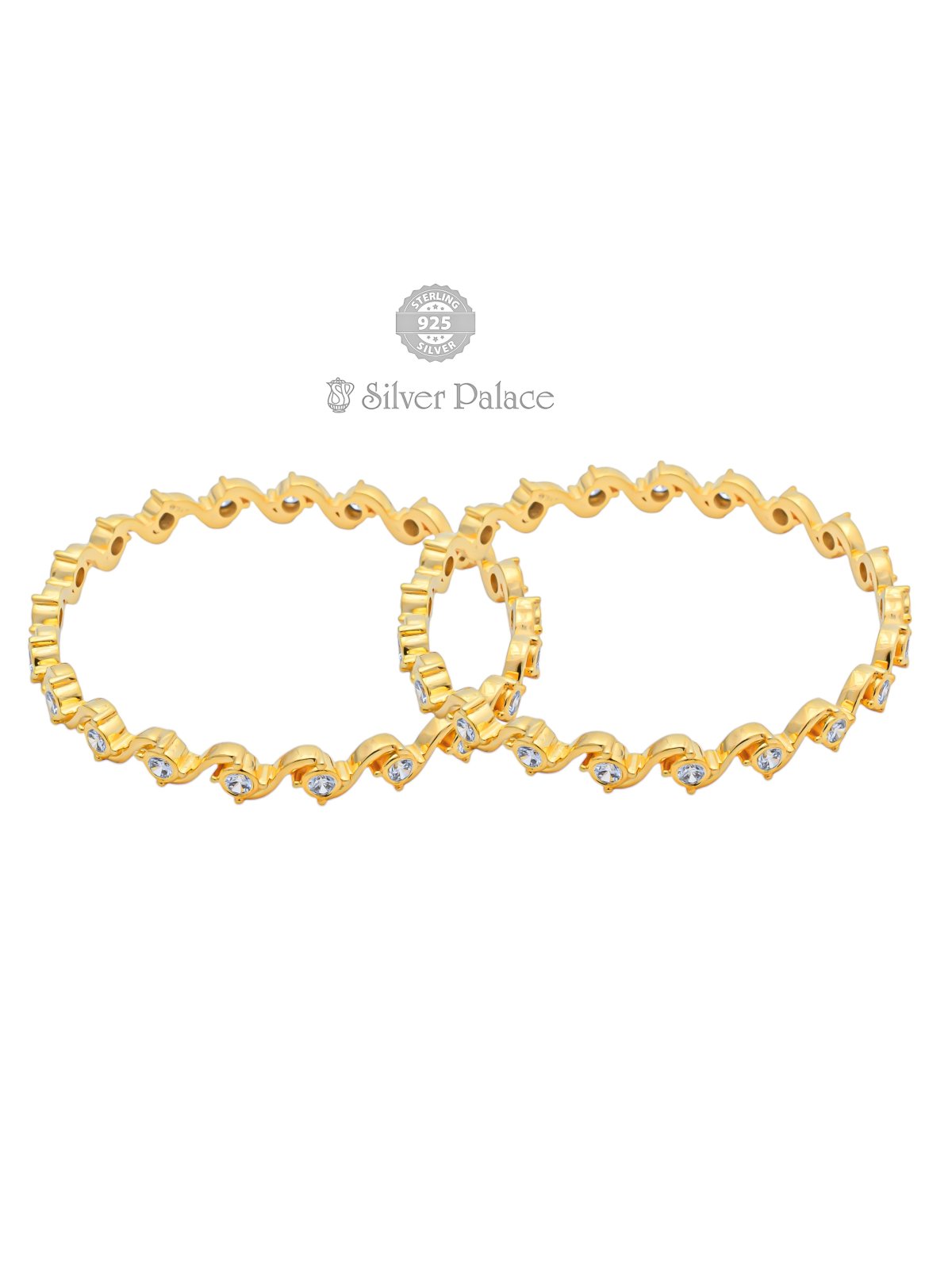 925 SILVER GOLD POLISHED WAVE PATTERN WITH WHITE STONES BANGLES FOR WOMEN ANITE COLLECTION