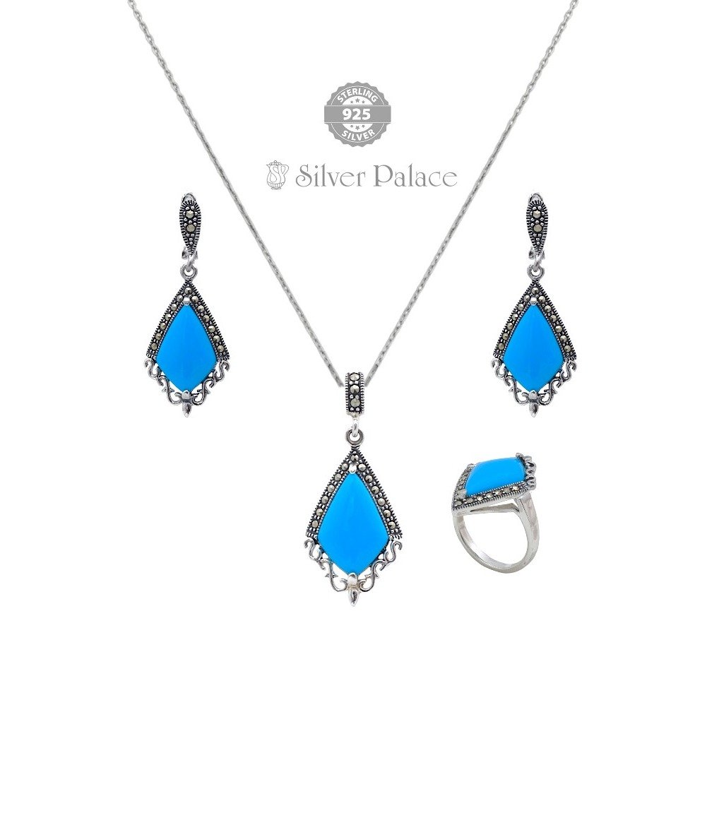 92.5 Sterling Silver Prite' Collections Turquoise & Marcasite Pendant Sets For Party Wears