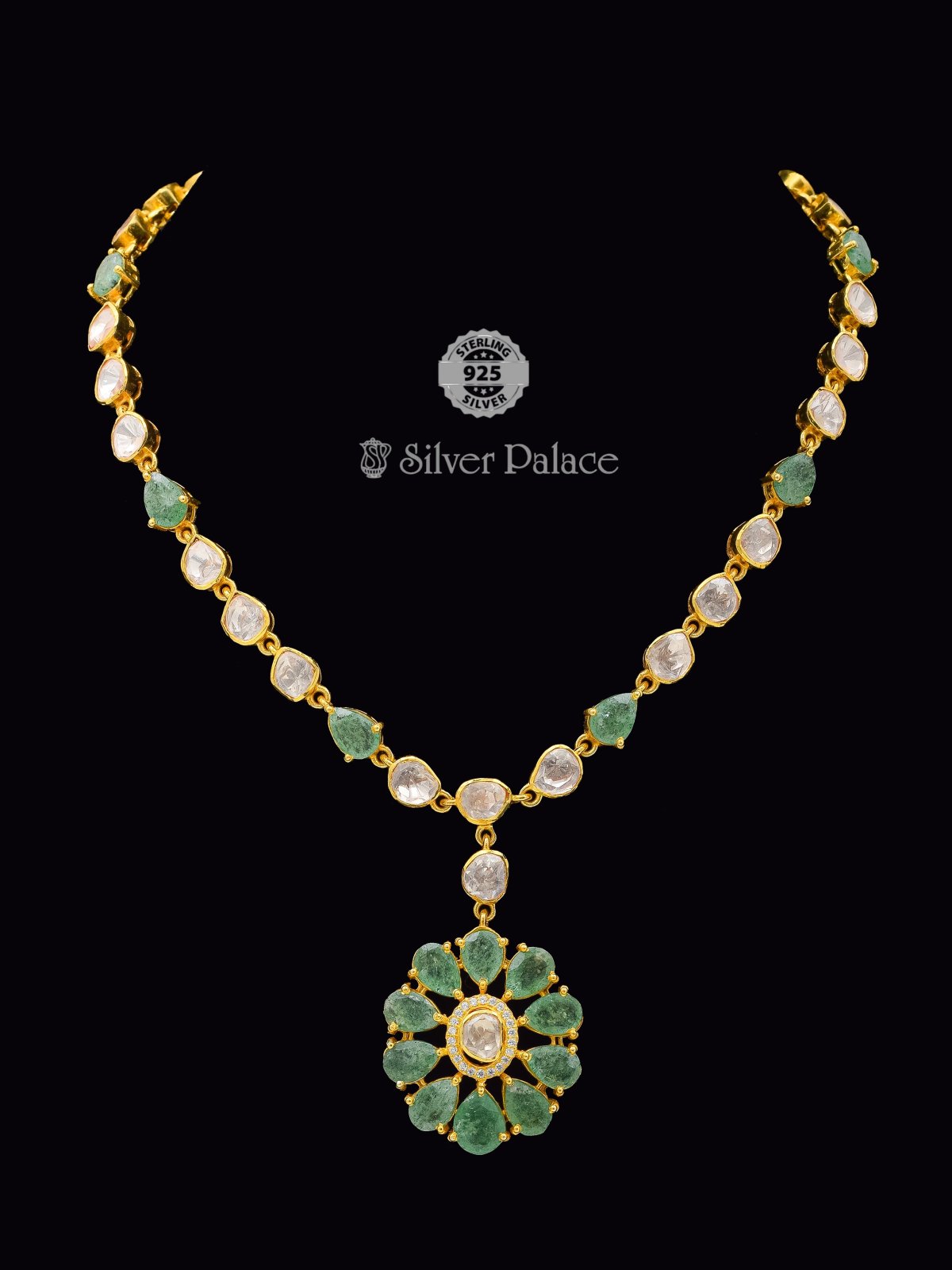 925 Sterling Silver Gold-Polished Emerald Kundan Floral Necklace For Girls Anite Collection