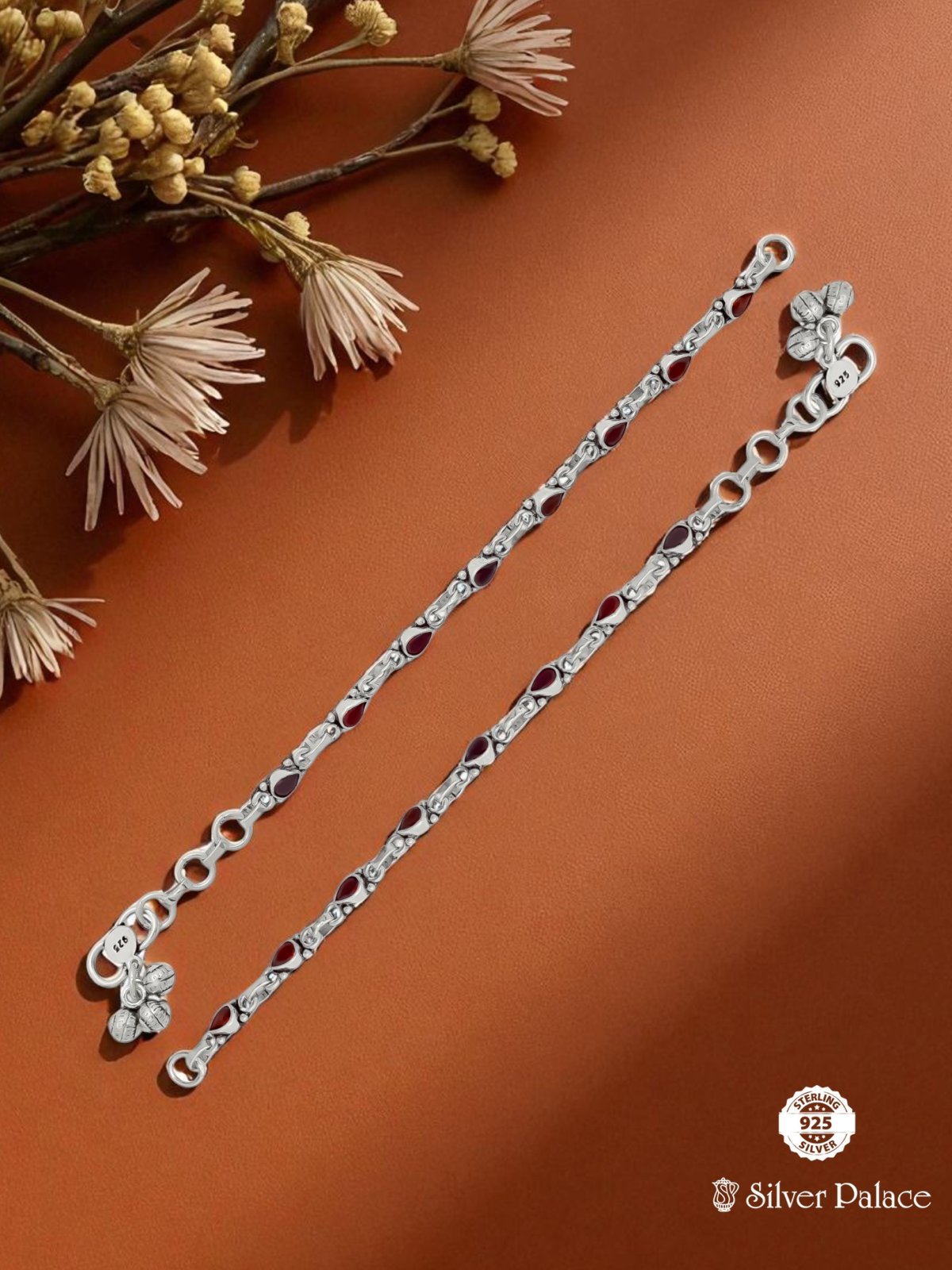 925 OXIDSED SILVER RED CUT STONE ANKLETS FOR YOUR KIDS 