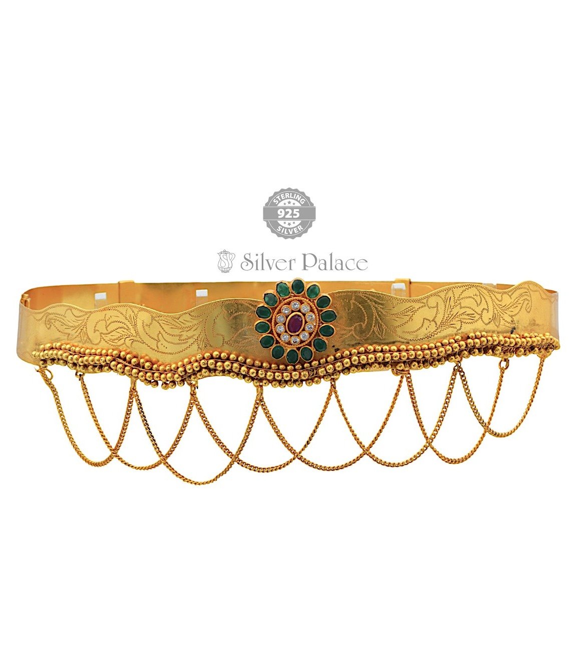 92.5 SILVER WITH GOLD POLISH GOLDEN STONE STUDDED TRADITIONAL FLOWER THEME ADJUSTABLE WAIST BELT(Multi) FOR WOMEN/GIRLS TO WEAR ON SAREE