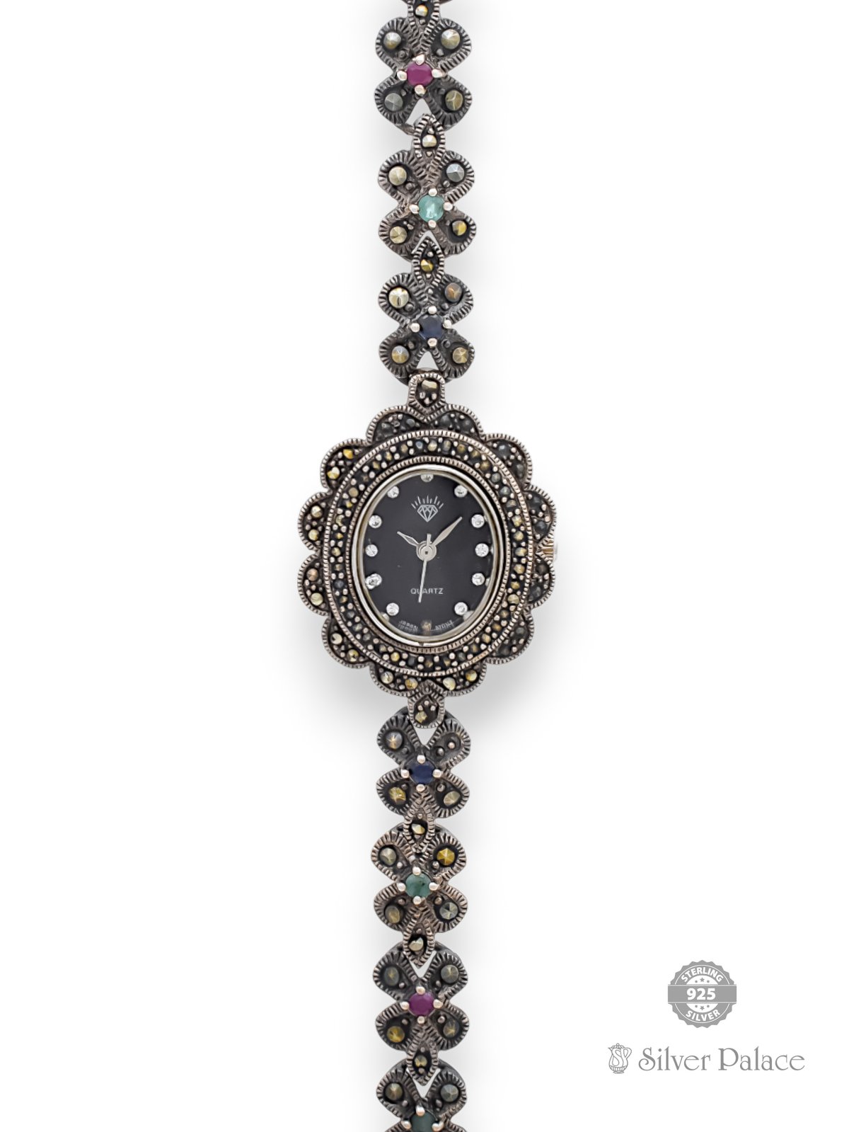 925 OXIDISED SILVER MARCA WITH MULTI COLOR STONES DESIGN WATCH FOR LADIES 
