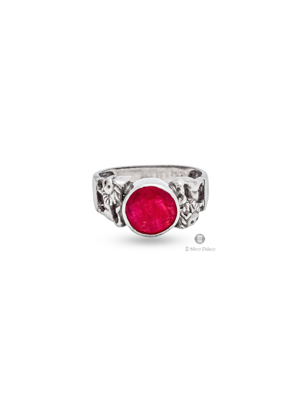 925 STERLING SILVER LION MOTIF RED STONE RASHI RING FOR UNISEX 