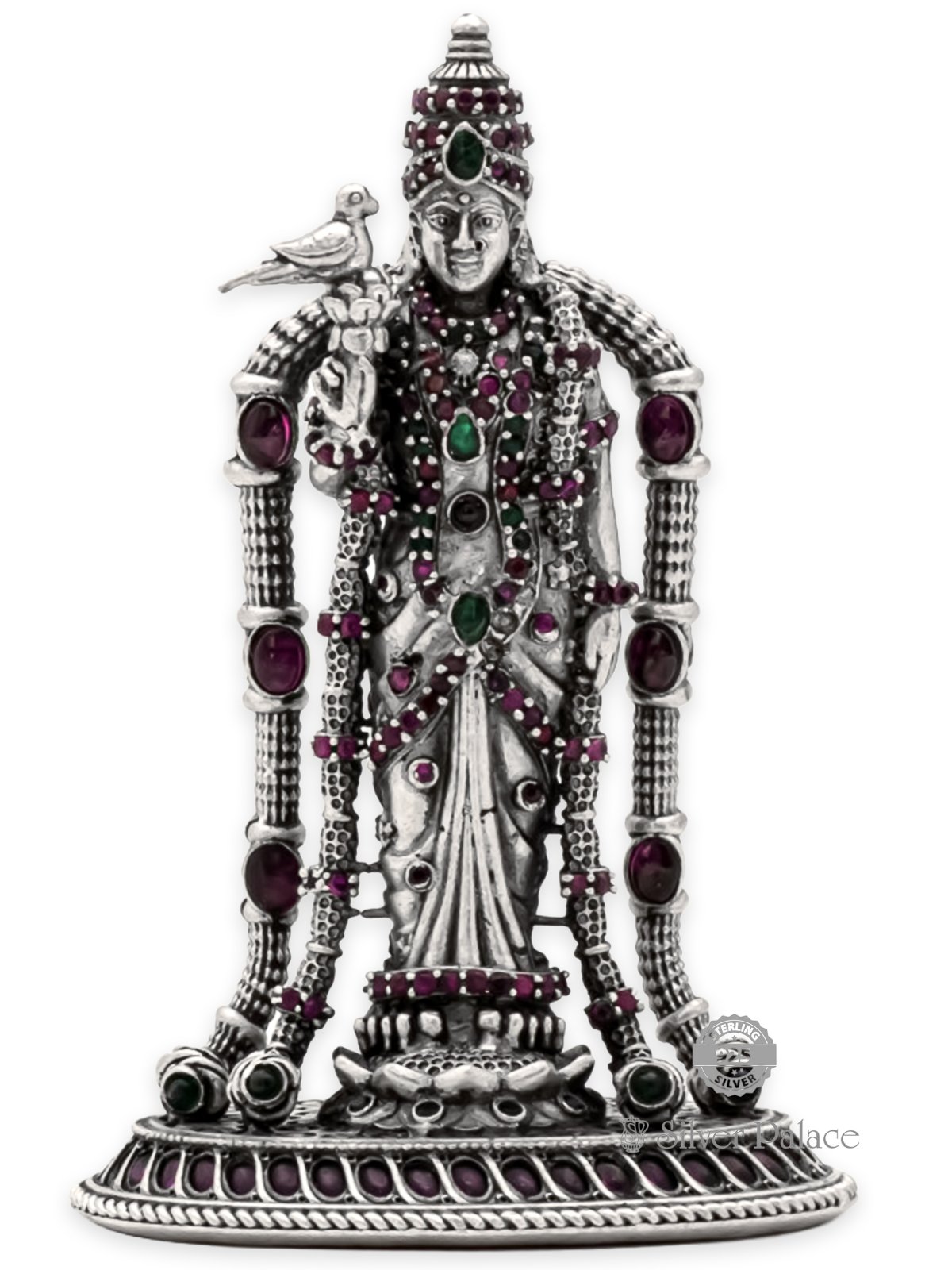 ANTIC FINISH 925 SILVER MEENATCHI LC STONE IDOL WITH RUBY EMERALD 