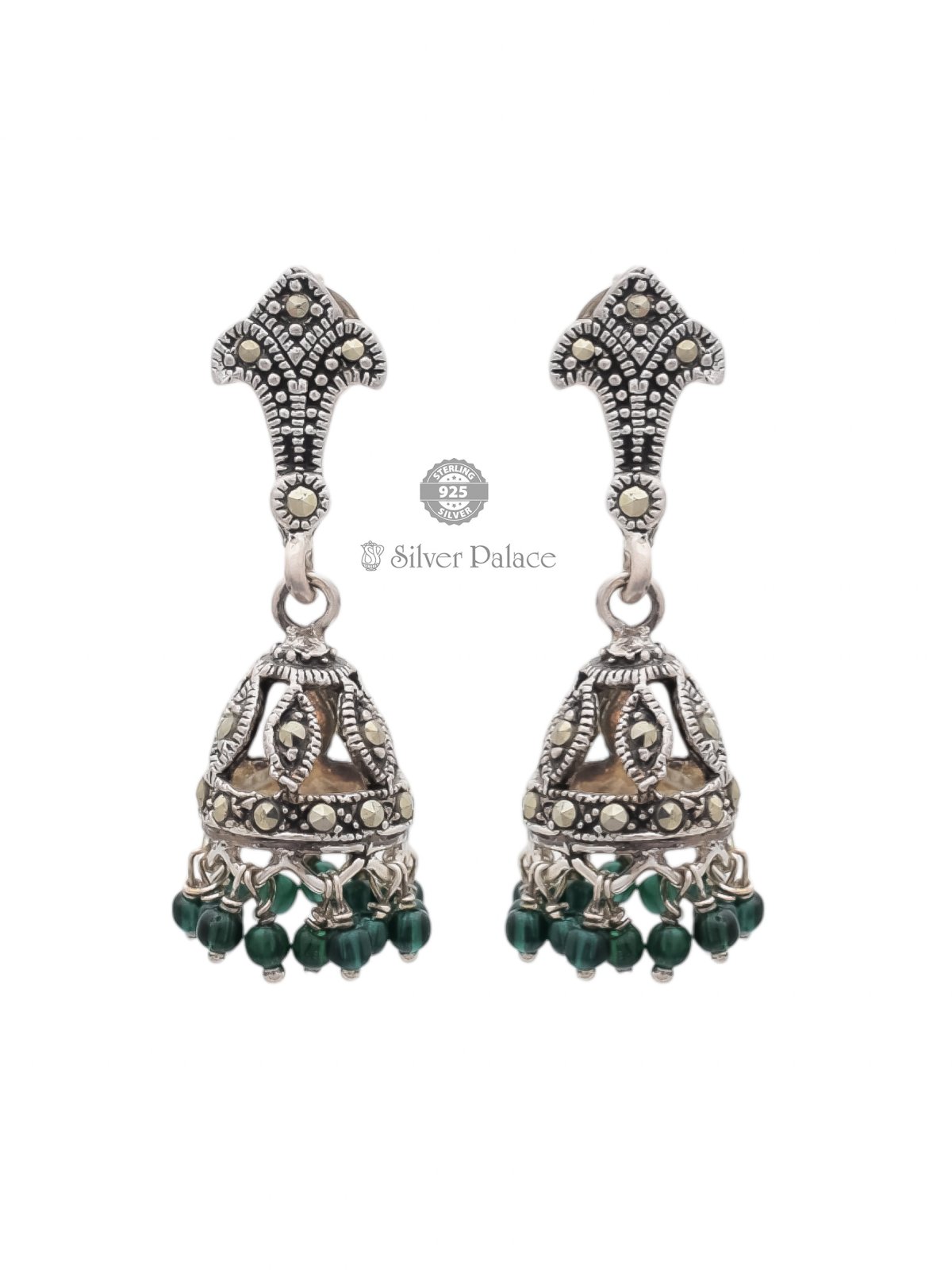 925 OXIDISED SILVER JHUMKAA WITH GREEN BEADS FOR GIRLS PRITE COLLECTION 