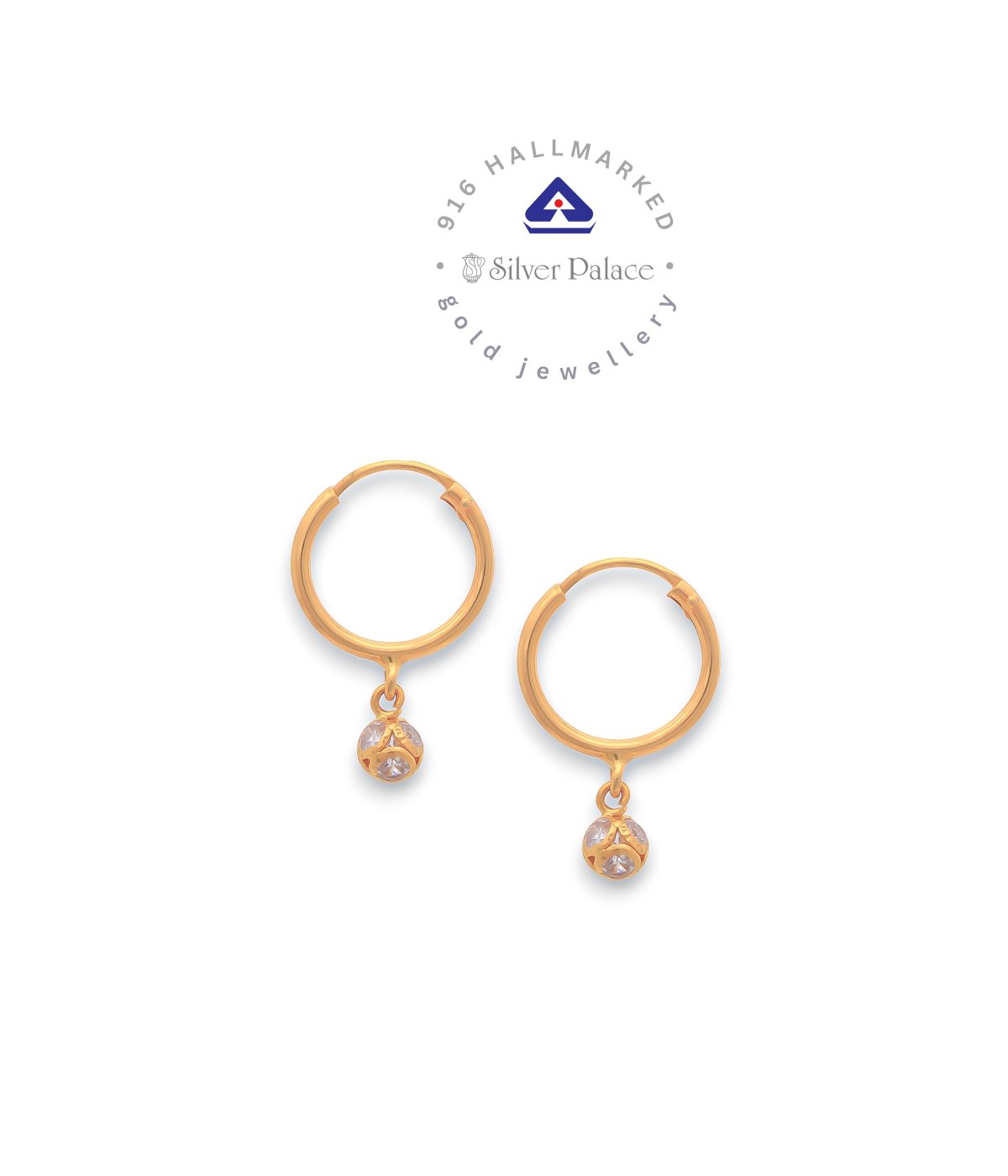  Kanche Collections 916 Pure Gold Plain Bali With  Drop & CZ Stone Studded For Girls