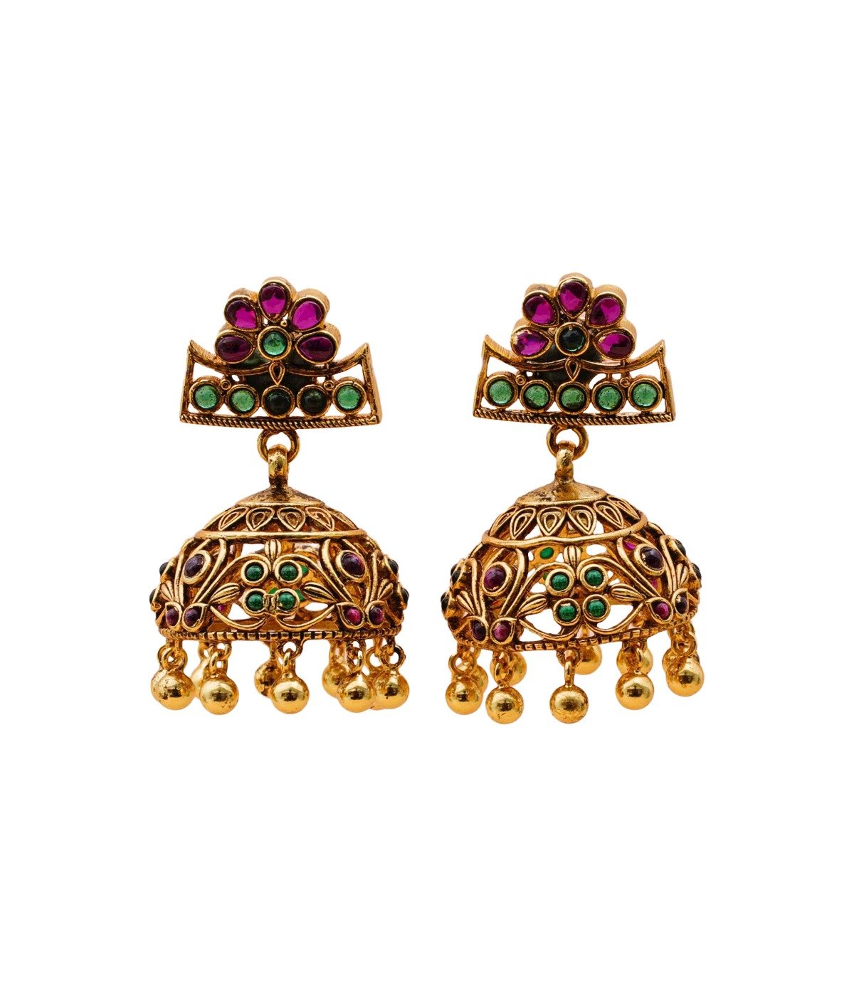 92.5 SILVER GOLD POLISHED GREEN AND PINK STONE STUDDED JHUMKI WITH GOLD BEADS
