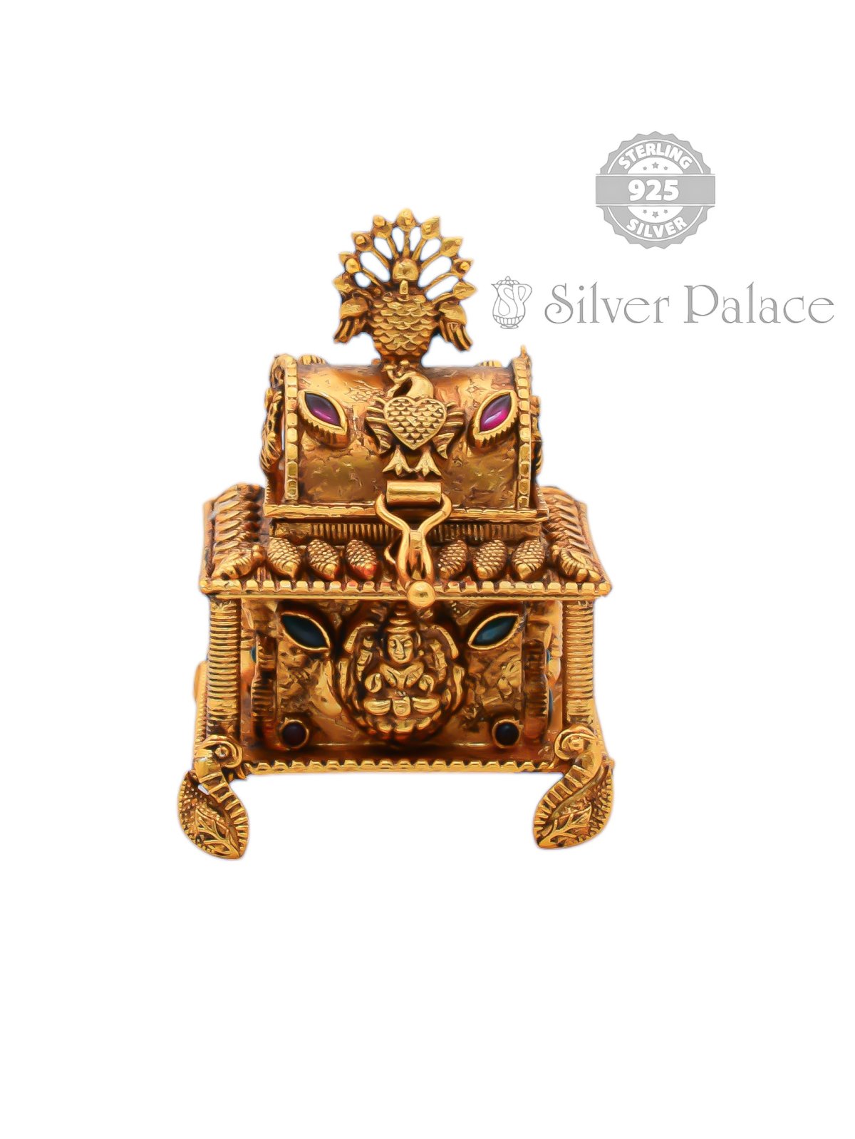 92.5 PURE SILVER GOLD POLISHED PEACOCK DESIGN KUM KUM BOX