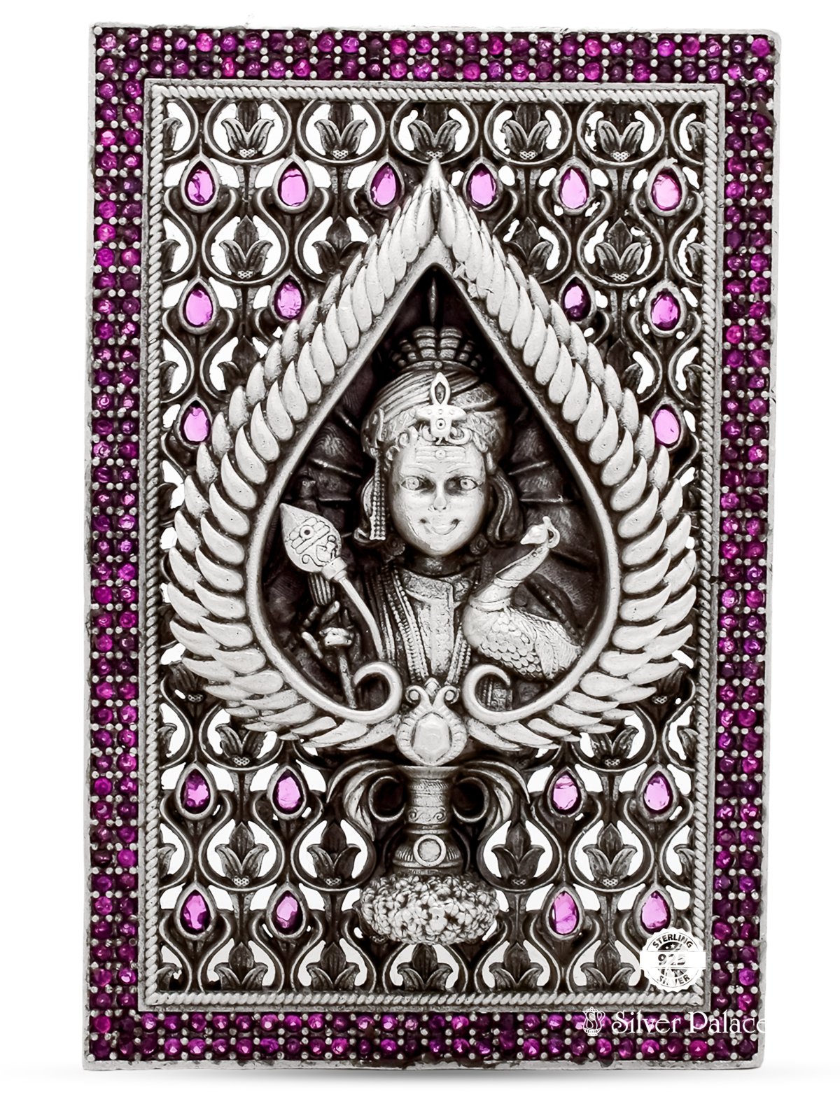 925 STERLING SILVER PINK STONE MURUGAN FRAME IDOL FOR POOJA 