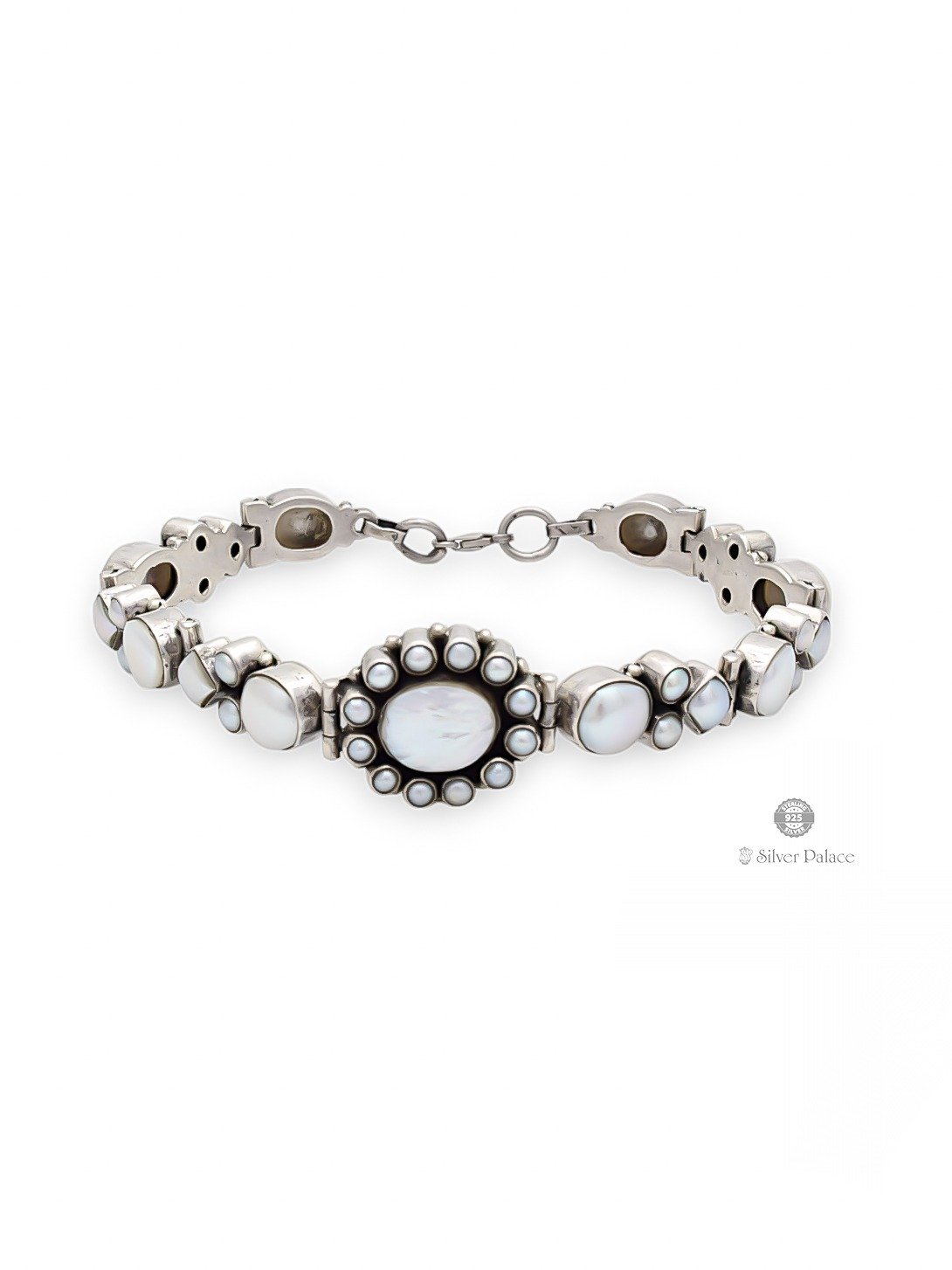 925 OXIDISED SILVER FLORAL WITH PEARL BRACELET FOR WOMEN MANNJ COLLECTION 