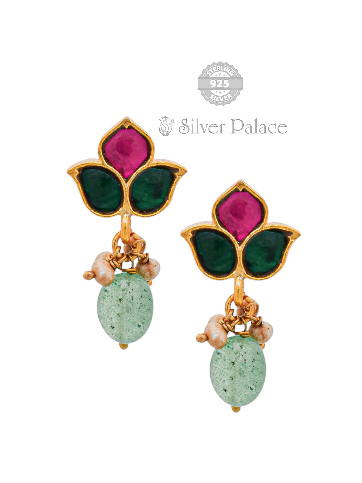 925 SILVER GOLD POLISH WITH PINK AND GREEN STONE EARING FOR WOMEN ANITE COLLECTION