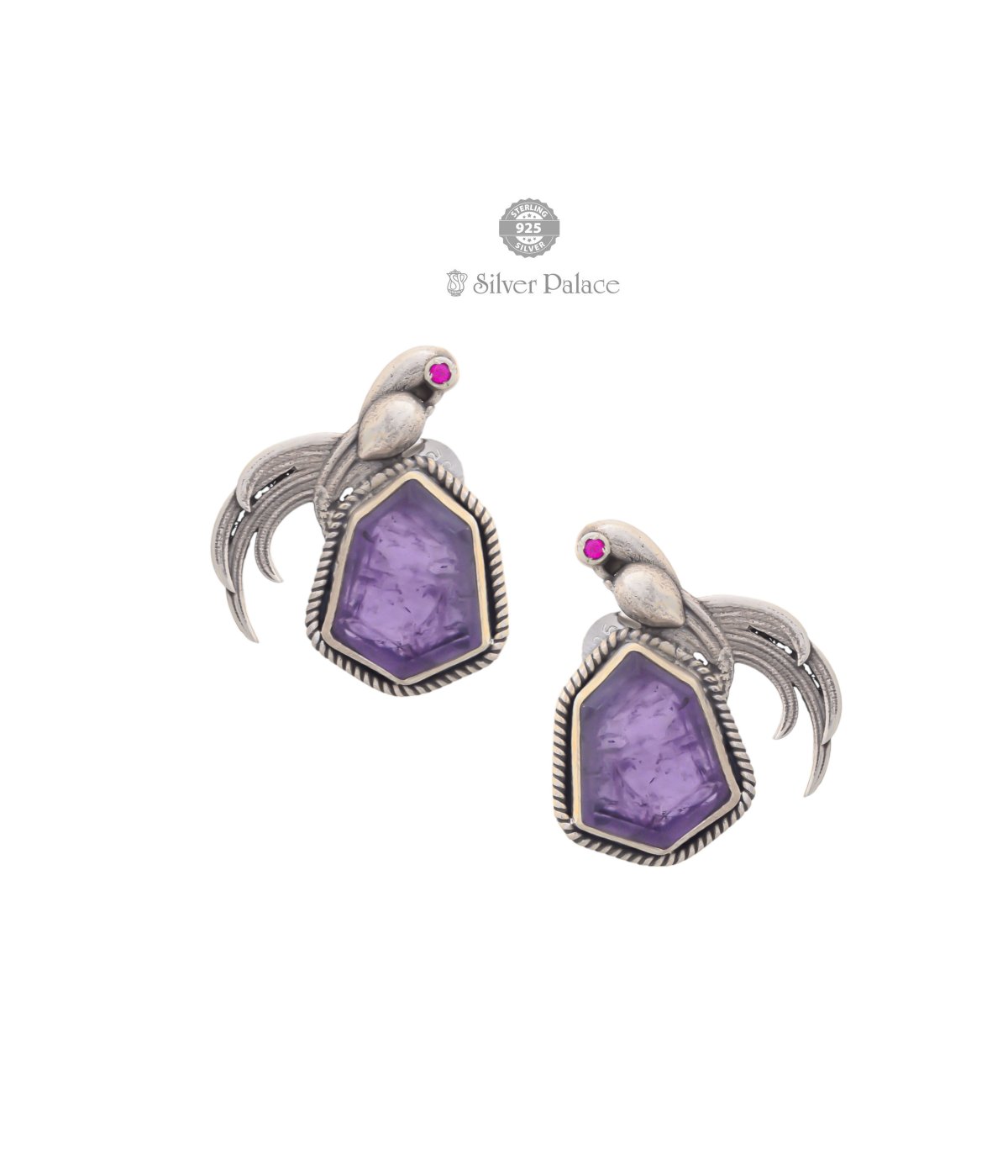 Ruch Collections 92.5 Silver oxidized purplestone parrot  contemporary earrings for women