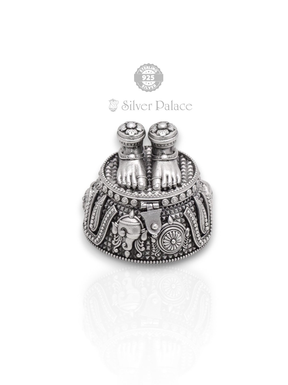 925 OXIDISED SILVER PERUMAL PAATHAM KUMKUM BOX for daily rituals and traditional ceremonies. 