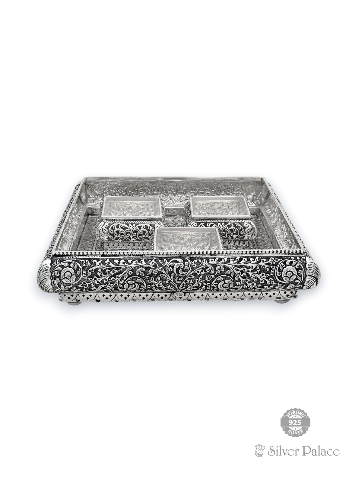 925 OXIDISED SILVER FLORAL DESIGN SQUARE TYPE PLATE SET FOR GIFTS