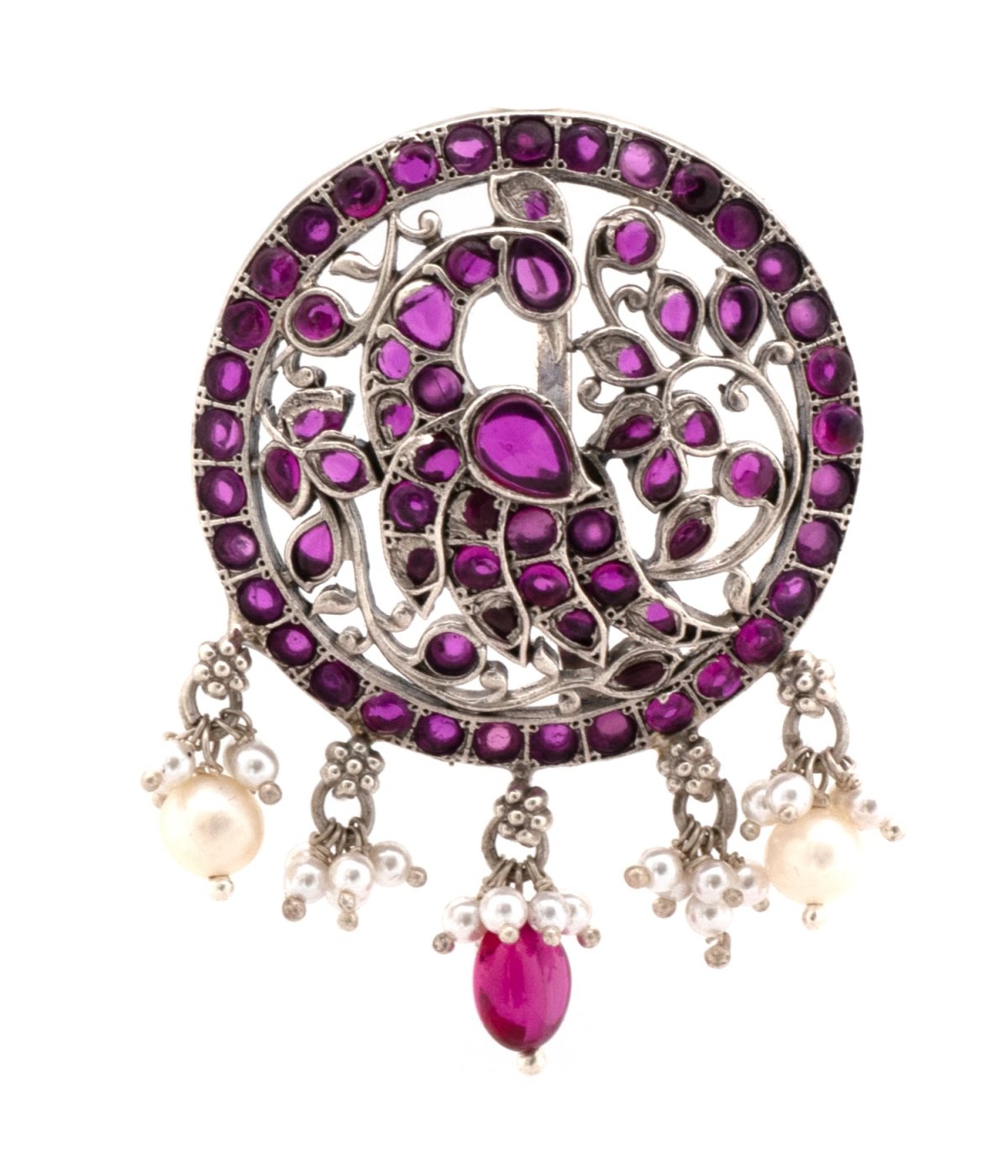 PINK STONE PEACOCK PENDANT IN PURE SILVER ANTIC FINISH WITH PEARL HANGING