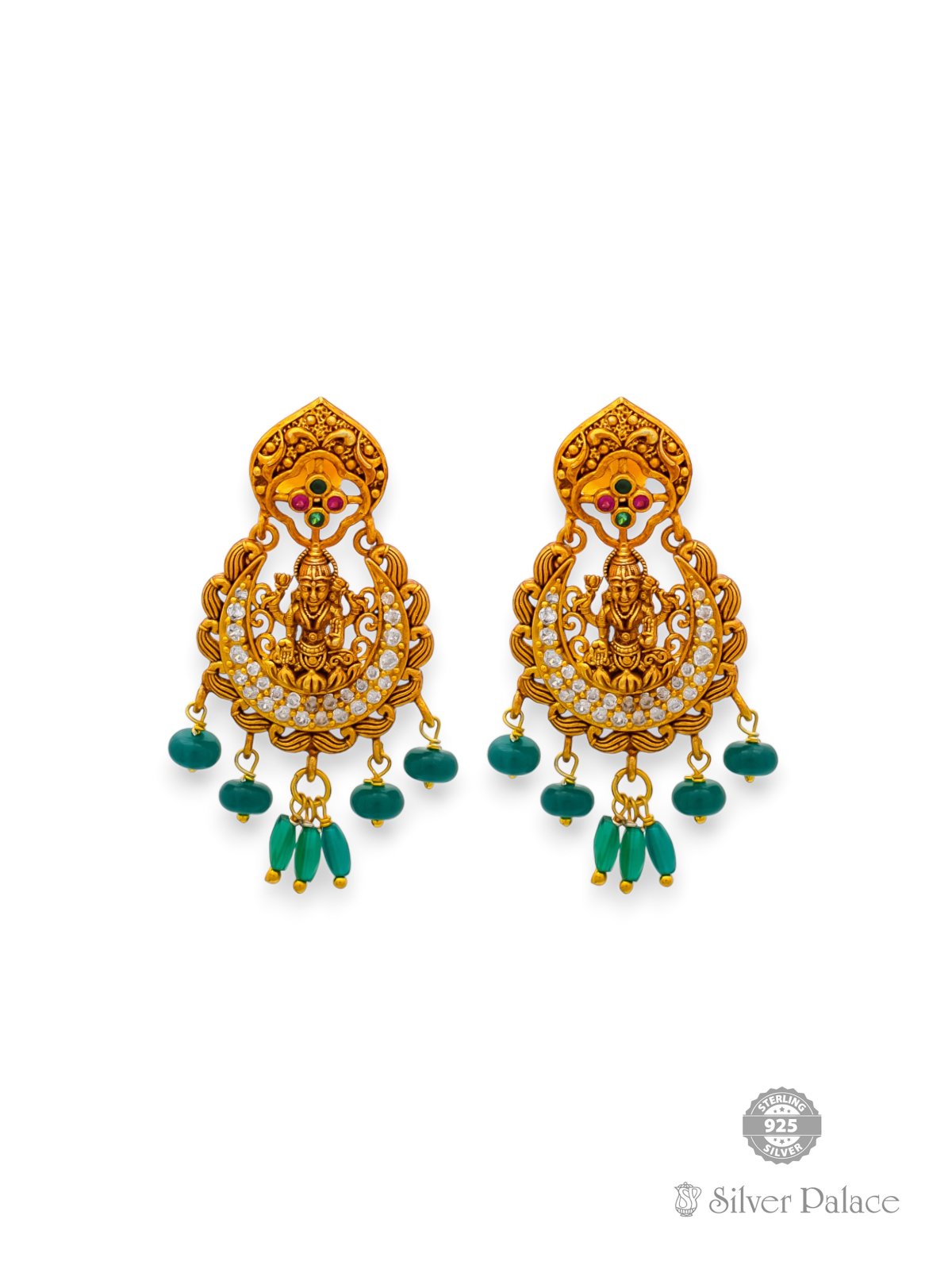 925 SILVER GOLD POLISHED CZ WITH GREEN BEADS EARRING FOR GIRLS ANITE COLLECTION 