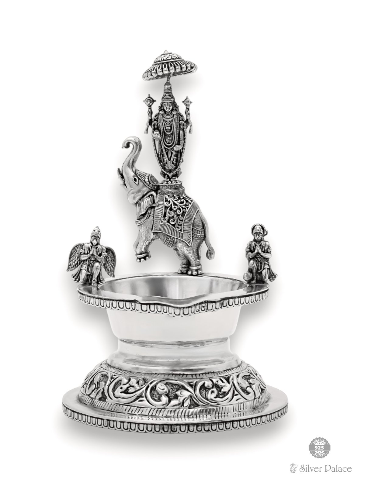 925 ANTIC SILVER ELEPHANT WITH BALAJI LAMP FOR POOJA ROOM 