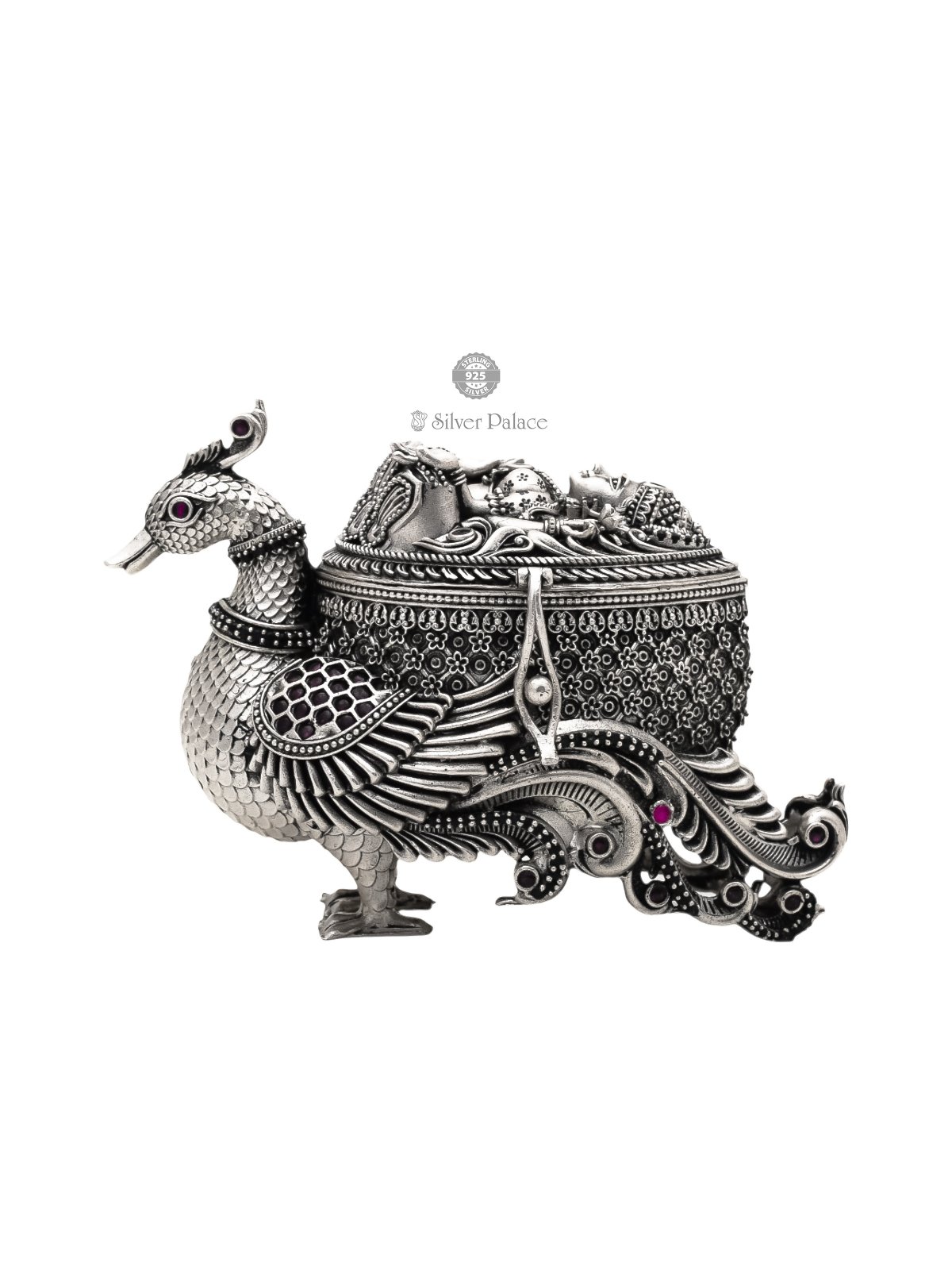 925 OXIDISED SILVER PEACOCK MOTIF WITH PINK STONE KUM KUM BOWL 