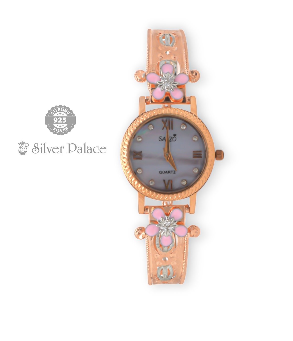 Sheya Collections 92.5 Silver With Rose Gold & Flower Design Grey Color Dial Girls Watch For Girls