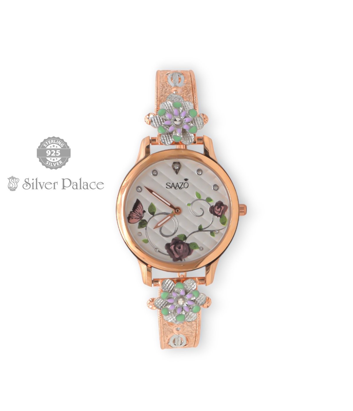 Sheya Collections 92.5 Silver With Rose Gold & Pink ,White Flower Design   Watch For Girls