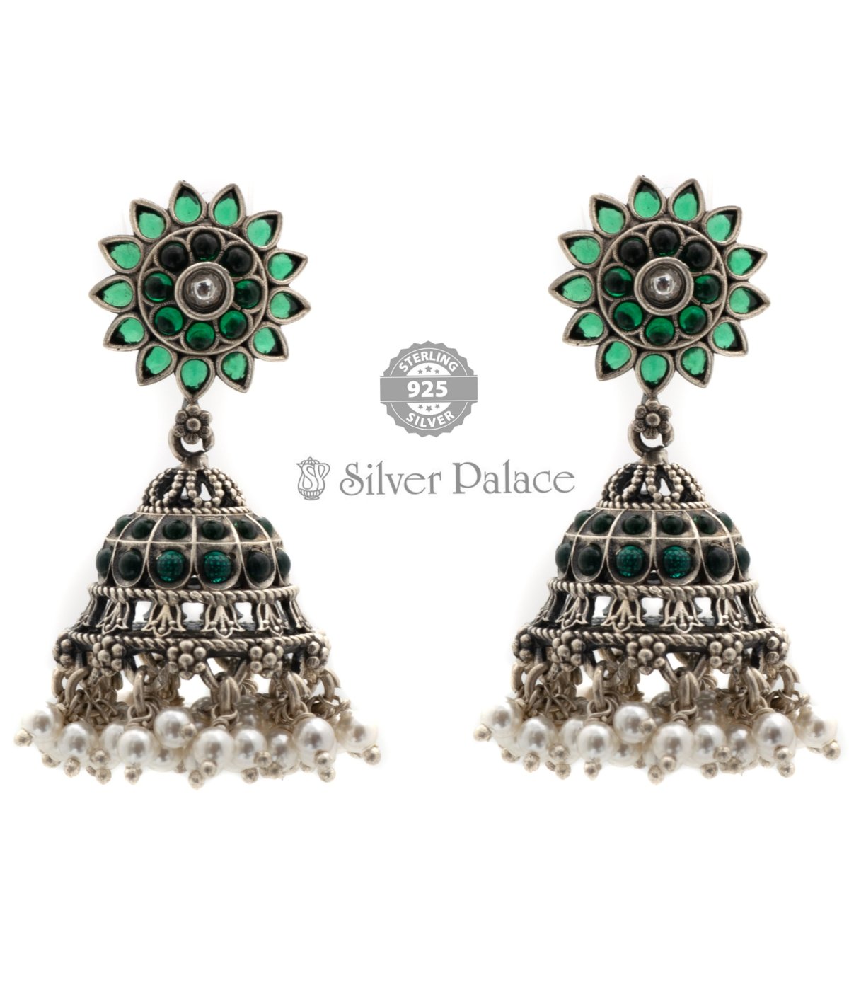 92.5 Sterling silver earrings EMERALD Embossed Design  Jhumka