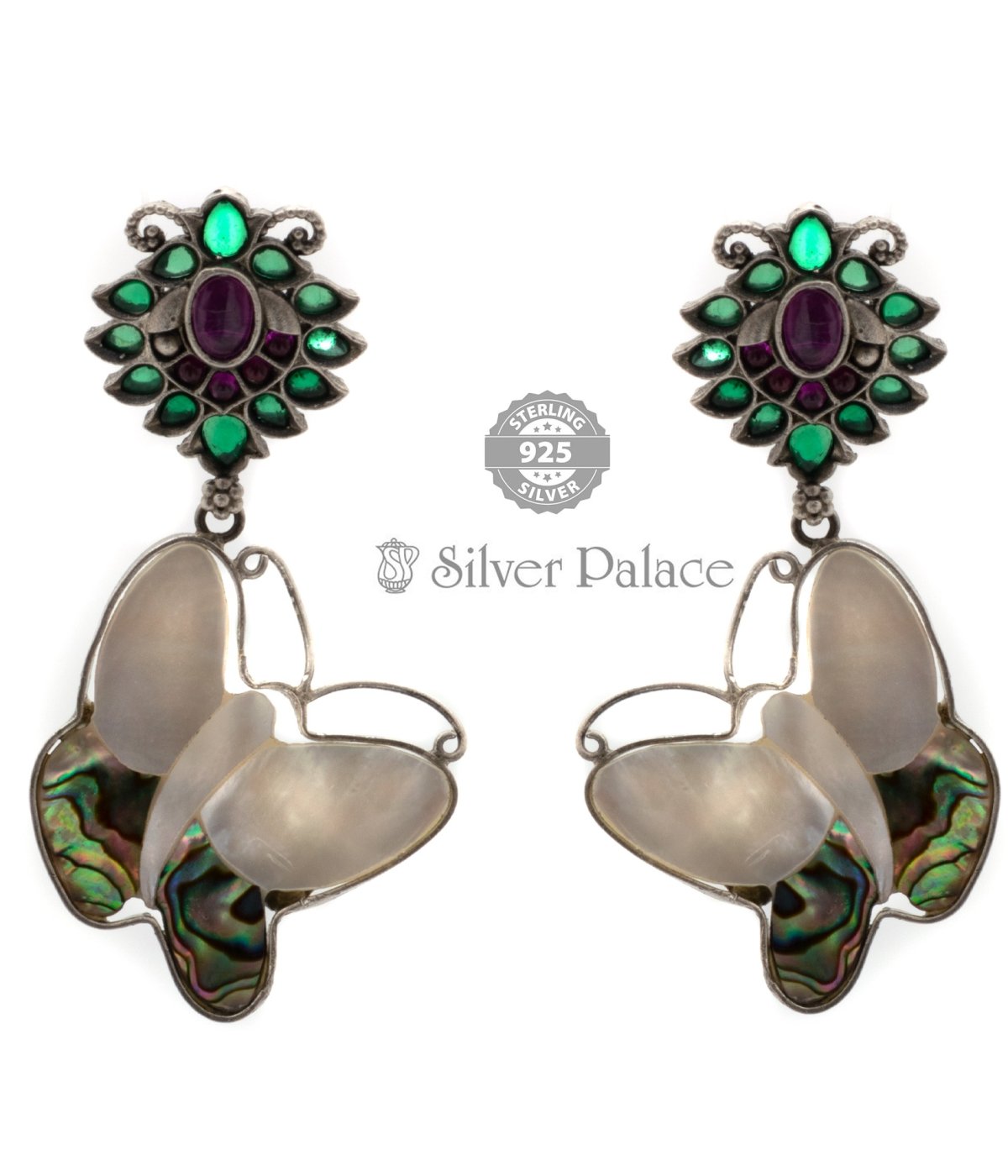 STERLING SILVER FLORAL AND BUTTERFLY ENAMEL COATED FUSION EARRINGS