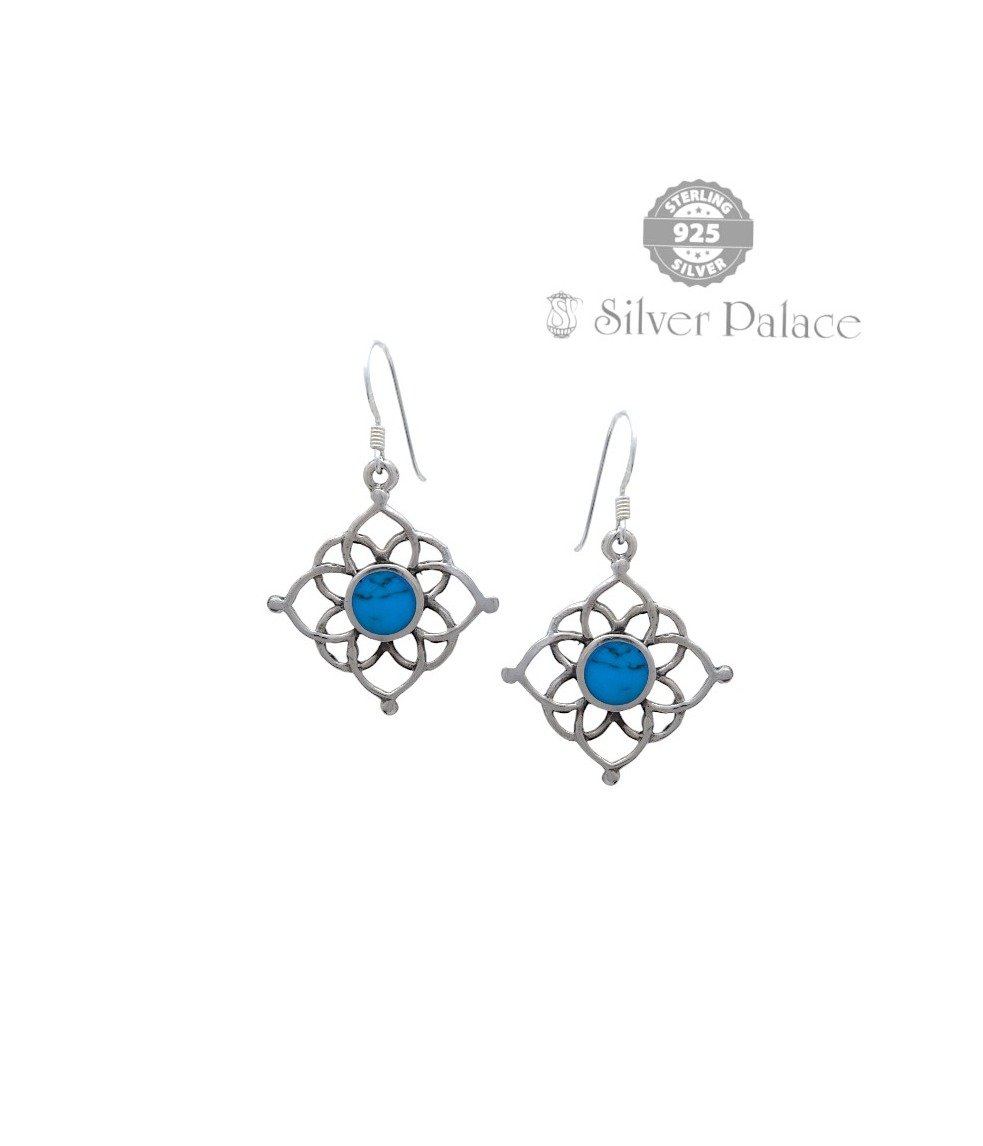 925 Sterling Silver Trishe Collection Turquoise Flower Dangle Drop Earrings Hook Studs